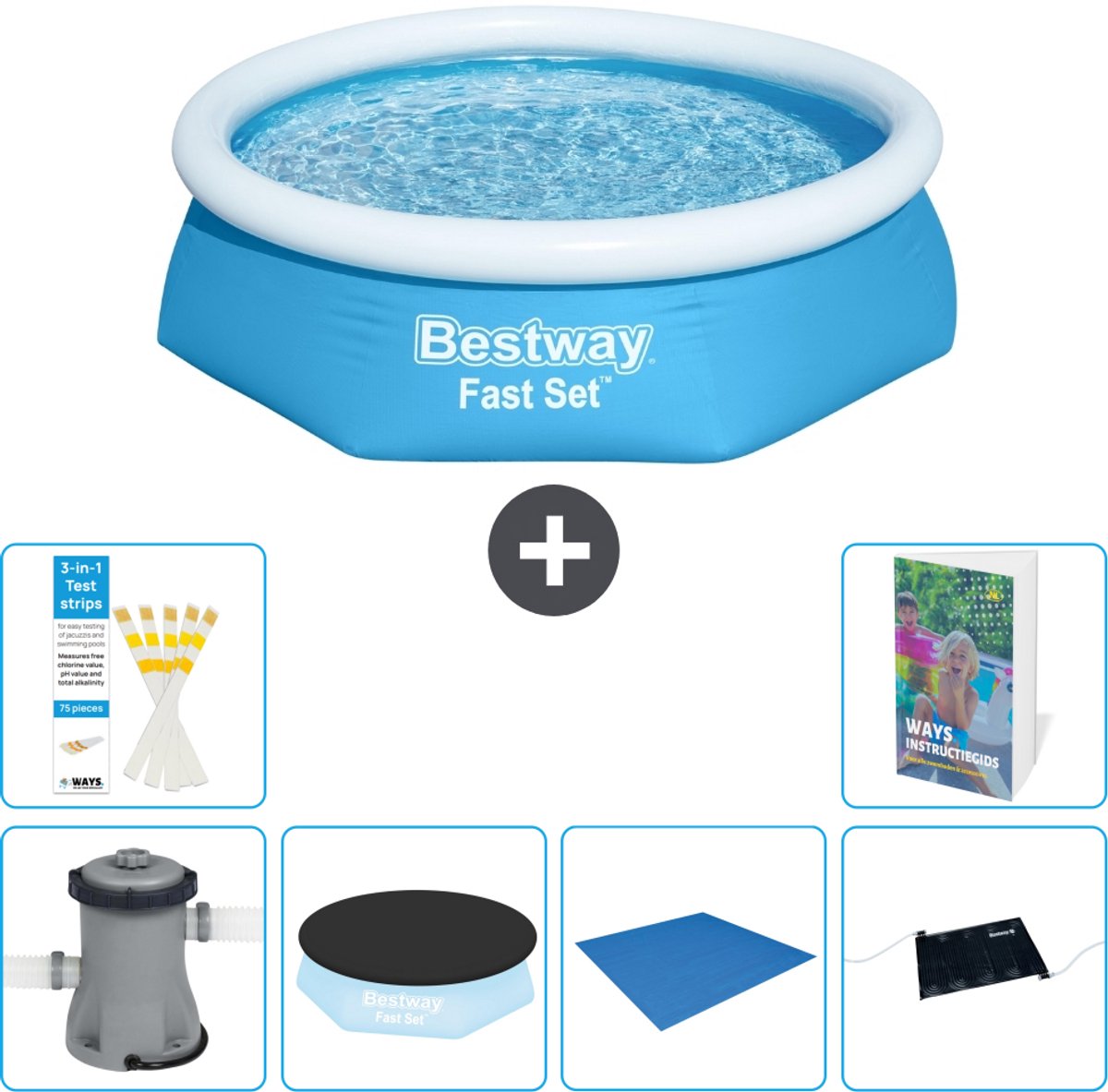 Bestway Rond Opblaasbaar Fast Set Zwembad - 244 x 61 cm - Blauw - Inclusief Pomp - Afdekzeil - Grondzeil - Solar Mat - 7-delig