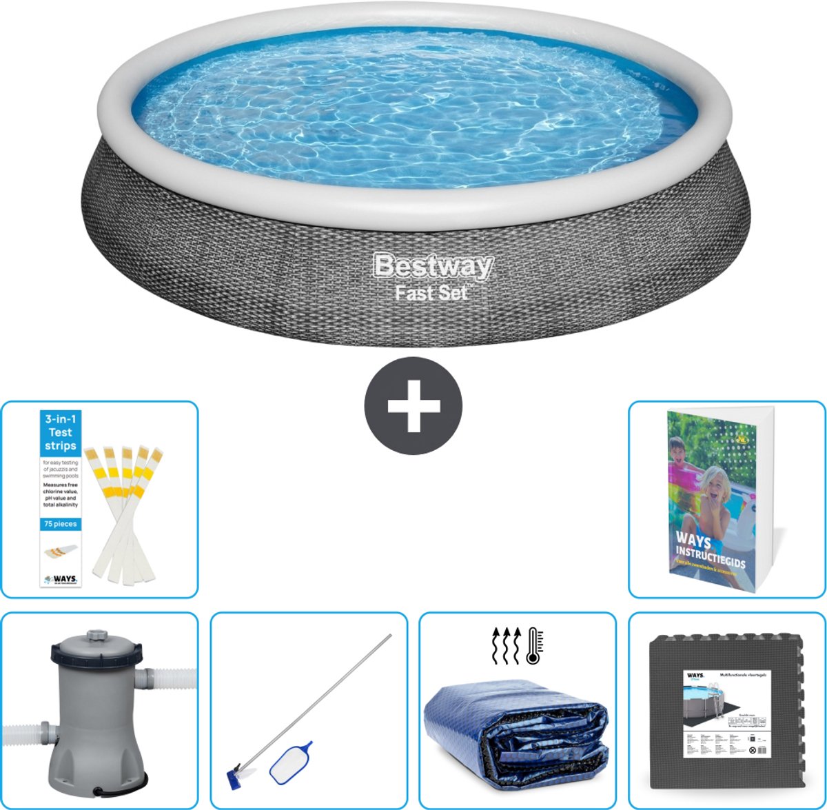 Bestway Rond Opblaasbaar Fast Set Zwembad - Rotanprint - 396 x 84 cm - Inclusief Pomp - Schoonmaakset - Solarzeil - Vloertegels - 7-delig
