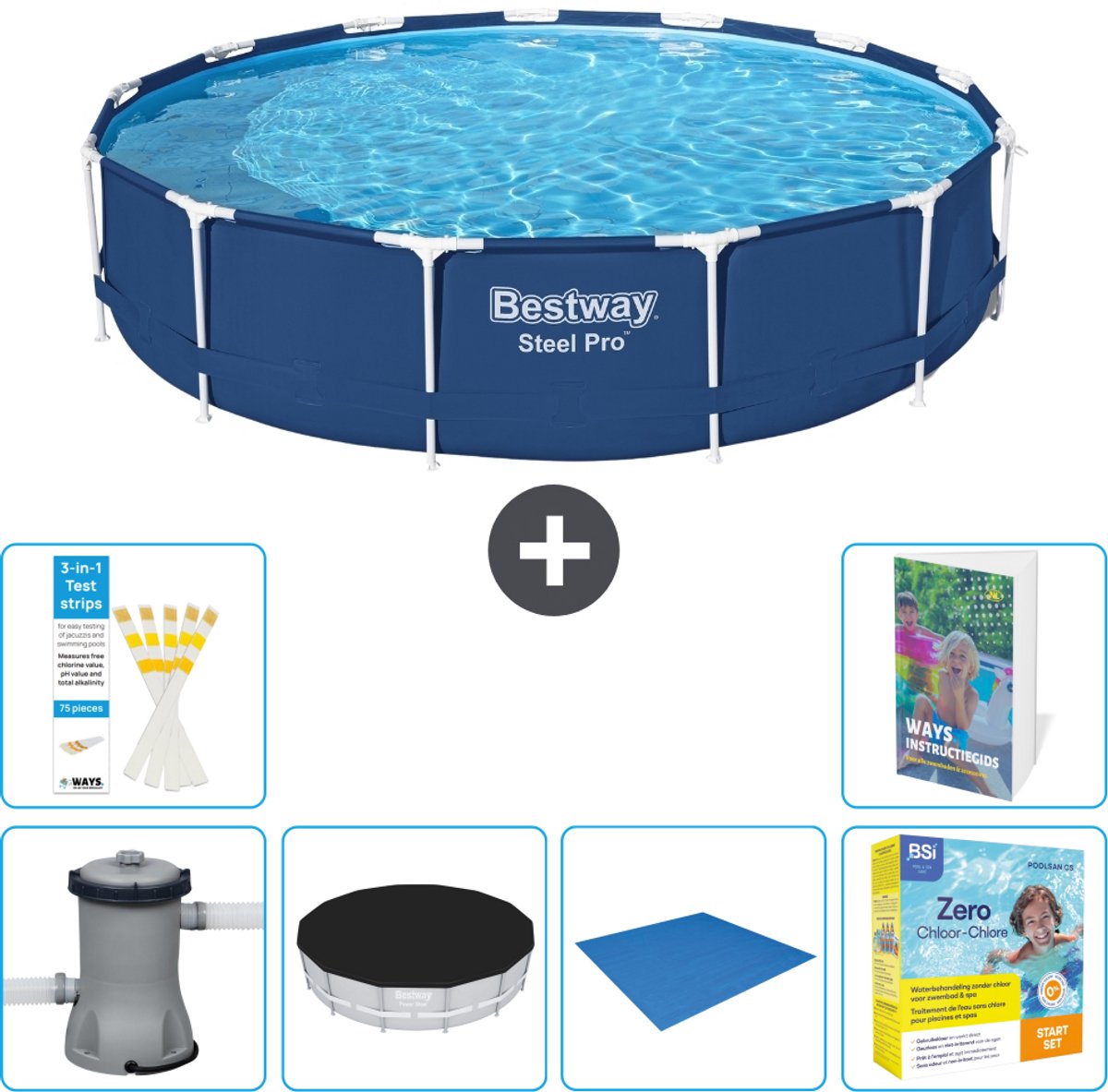 Bestway Rond Steel Pro Zwembad - 396 x 84 cm - Blauw - Inclusief Pomp - Afdekzeil - Grondzeil - Onderhoudspakket - 7-delig