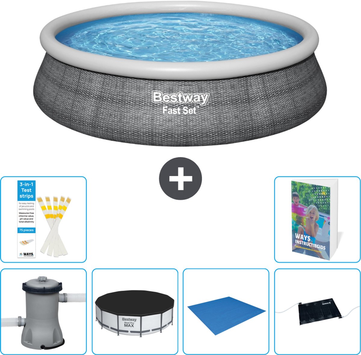 Bestway Rond Opblaasbaar Fast Set Zwembad - Rotanprint - 457 x 84 cm - Inclusief Pomp - Afdekzeil - Grondzeil - Solar Mat - 7-delig