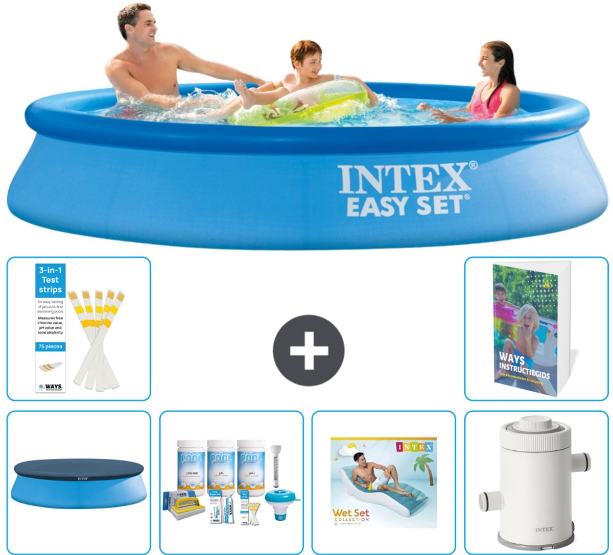 Intex Rond Opblaasbaar Easy Set Zwembad - 305 x 61 cm - Blauw - Inclusief Afdekzeil - Onderhoudspakket - Loungebed - Zwembadfilterpomp - 7-delig