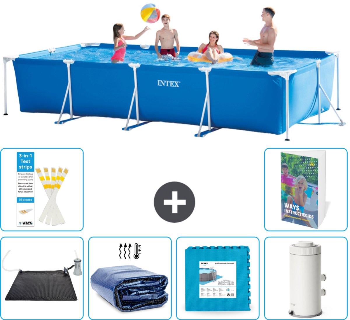 Intex Rechthoekig Frame Zwembad - 450 x 220 x 84 cm - Blauw - Inclusief Solar Mat - Solarzeil - Vloertegels - Zwembadfilterpomp - 7-delig