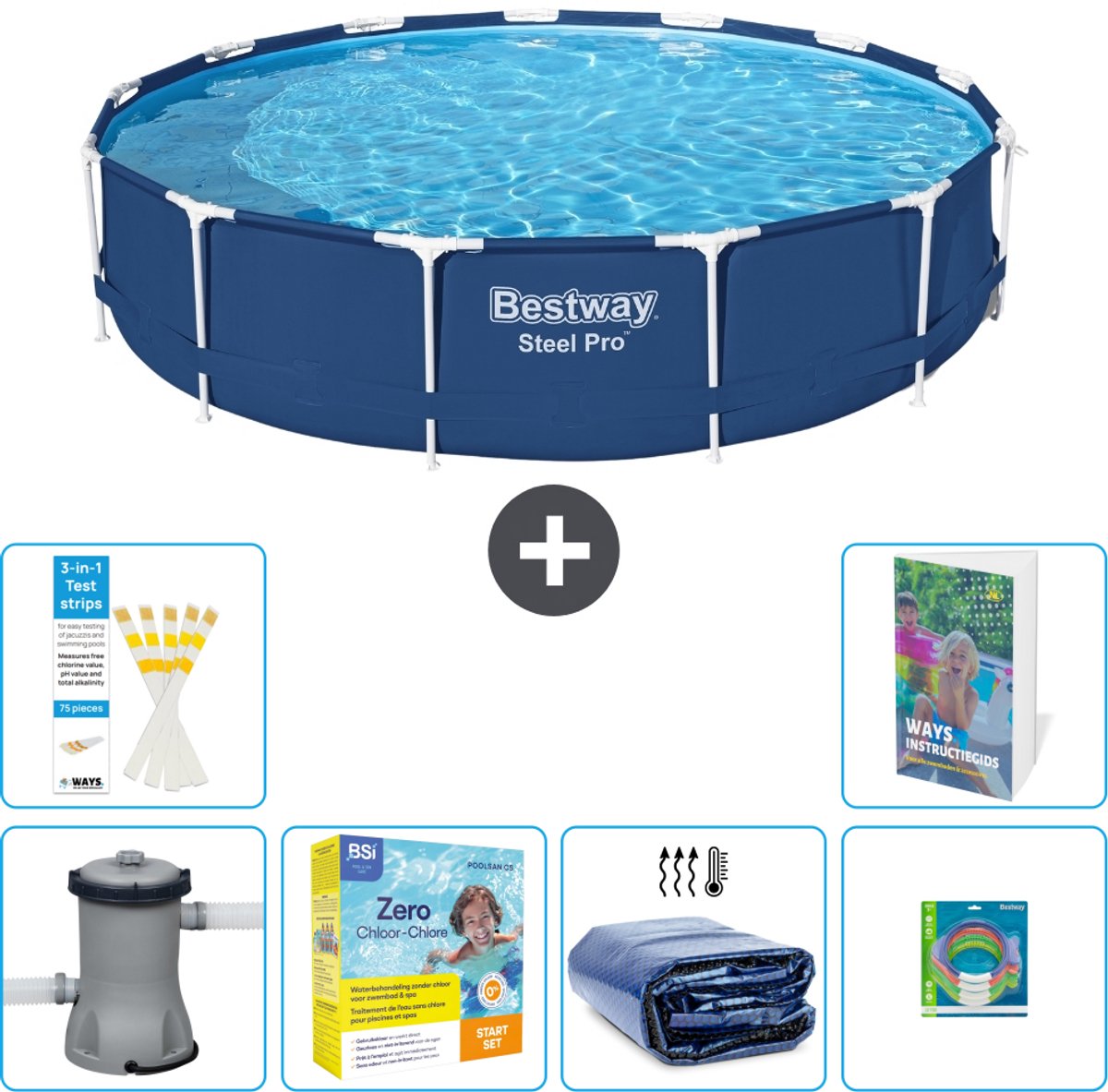 Bestway Rond Steel Pro Zwembad - 396 x 84 cm - Blauw - Inclusief Pomp - Onderhoudspakket - Solarzeil - Speelgoed - 7-delig