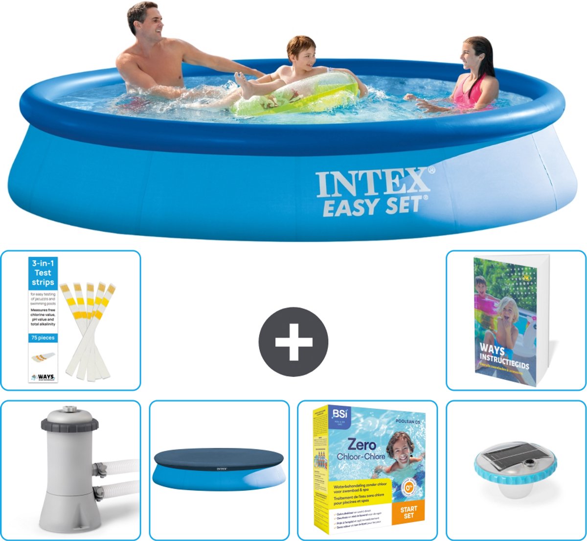 Intex Rond Opblaasbaar Easy Set Zwembad - 366 x 76 cm - Blauw - Inclusief Pomp - Afdekzeil - Onderhoudspakket - Verlichting - 7-delig