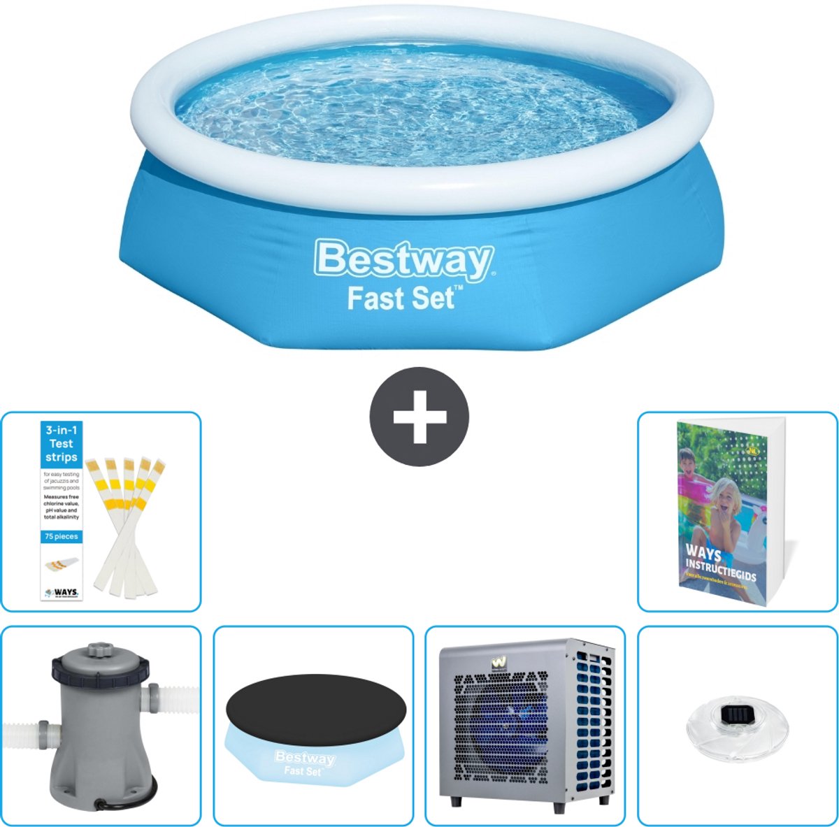 Bestway Rond Opblaasbaar Fast Set Zwembad - 244 x 61 cm - Blauw - Inclusief Pomp - Afdekzeil - Warmtepomp - Verlichting - 7-delig