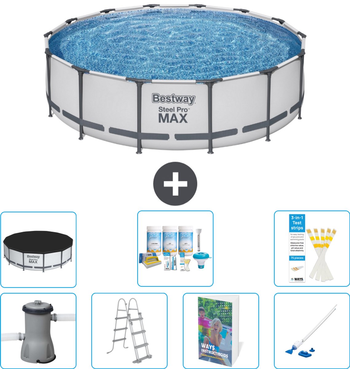 Bestway Rond Steel Pro MAX Zwembad - 427 x 107 cm - Grijs - Inclusief Pomp - Ladder - Afdekzeil - Onderhoudspakket - Stofzuiger - 8-delig