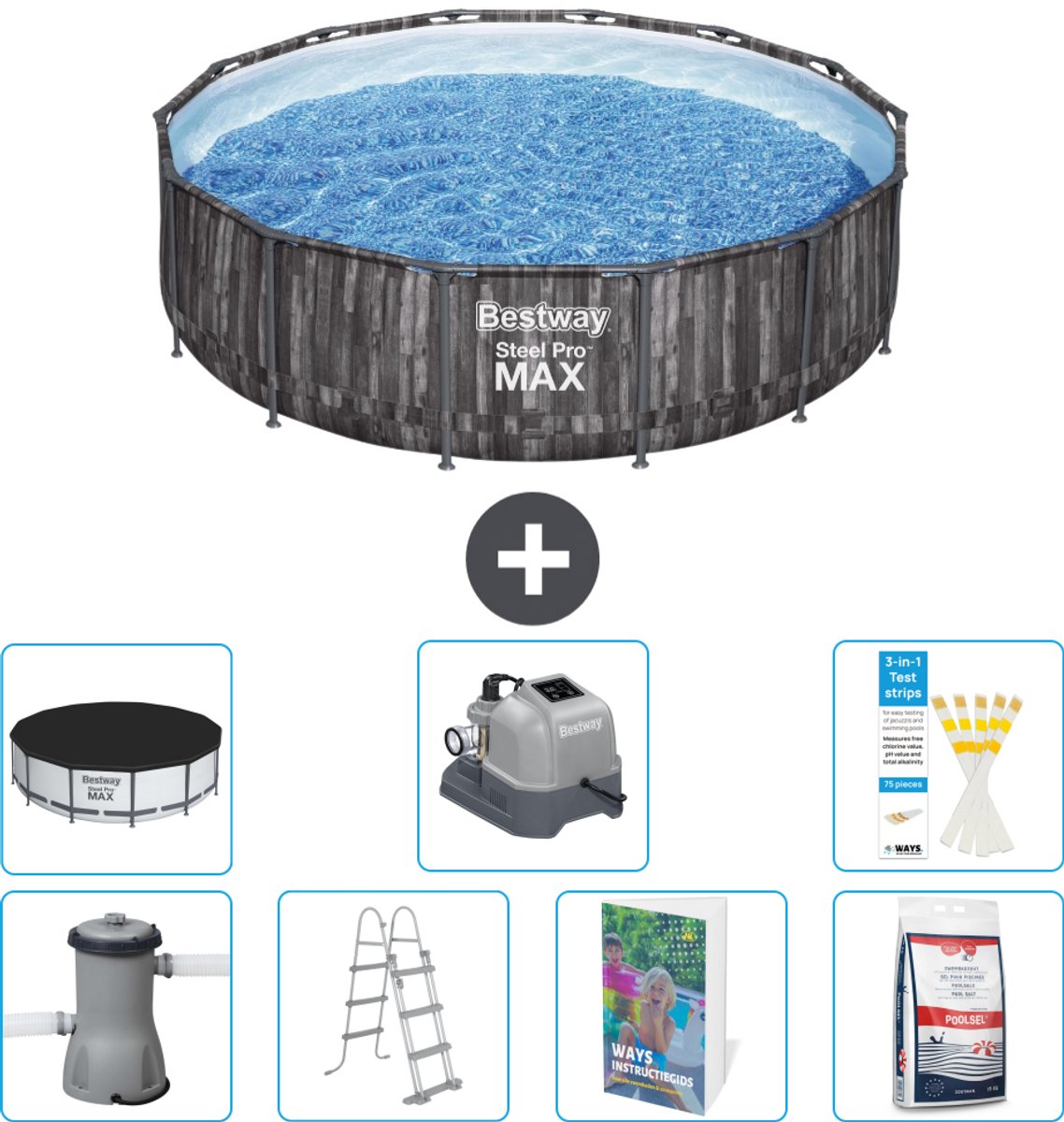 Bestway Rond Steel Pro MAX Zwembad - Houtprint - 427 x 107 cm - Inclusief Pomp - Ladder - Afdekzeil - Zoutwatersysteem - Zwembadzout - 8-delig