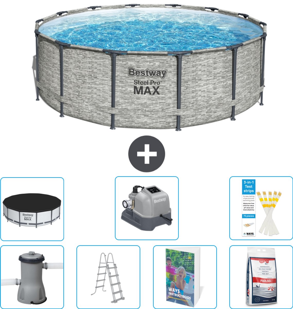Bestway Rond Steel Pro MAX Zwembad - Steenprint - 427 x 122 cm - Inclusief Pomp - Ladder - Afdekzeil - Zoutwatersysteem - Zwembadzout - 8-delig