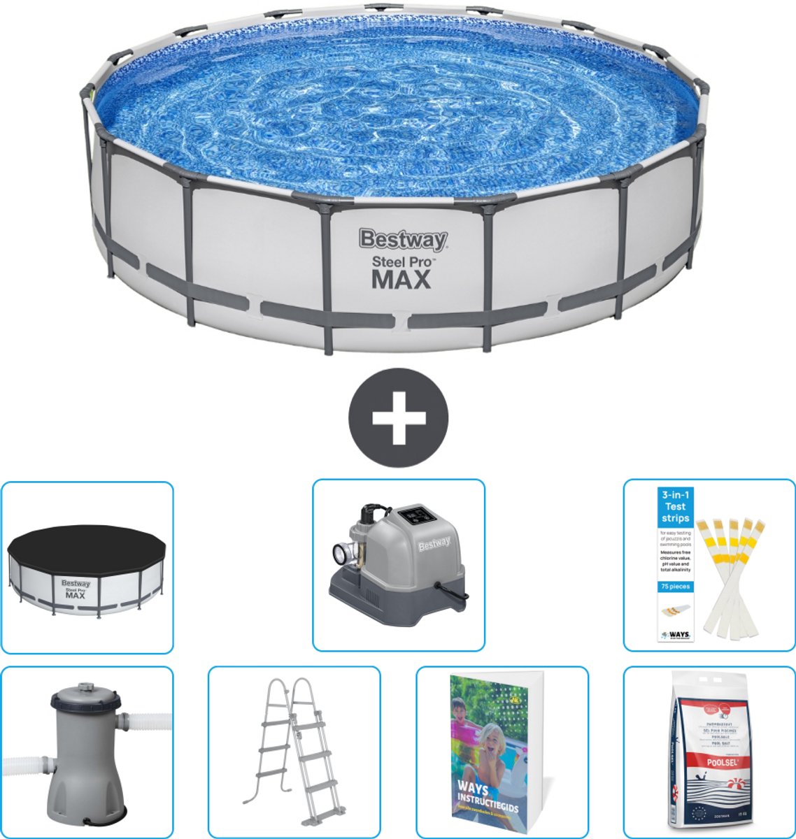 Bestway Rond Steel Pro MAX Zwembad - 457 x 107 cm - Grijs - Inclusief Pomp - Ladder - Afdekzeil - Zoutwatersysteem - Zwembadzout - 8-delig