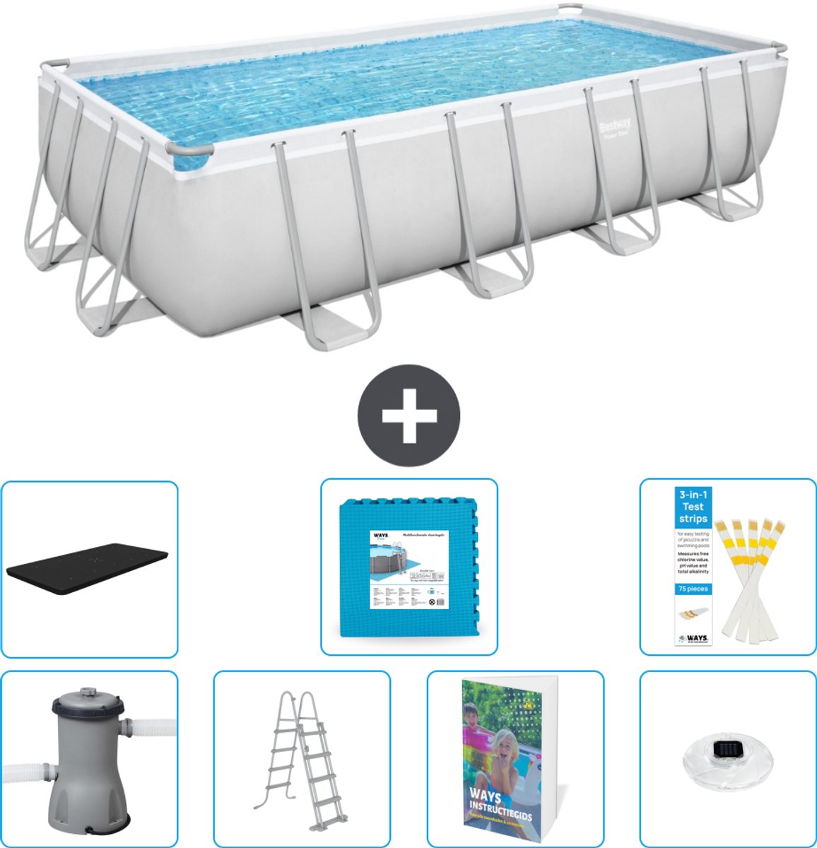 Bestway Rechthoekig Power Steel Zwembad - 488 x 244 x 122 - Grijs Inclusief Pomp - Ladder - Afdekzeil - Vloertegels - Verlichting - 8-delig