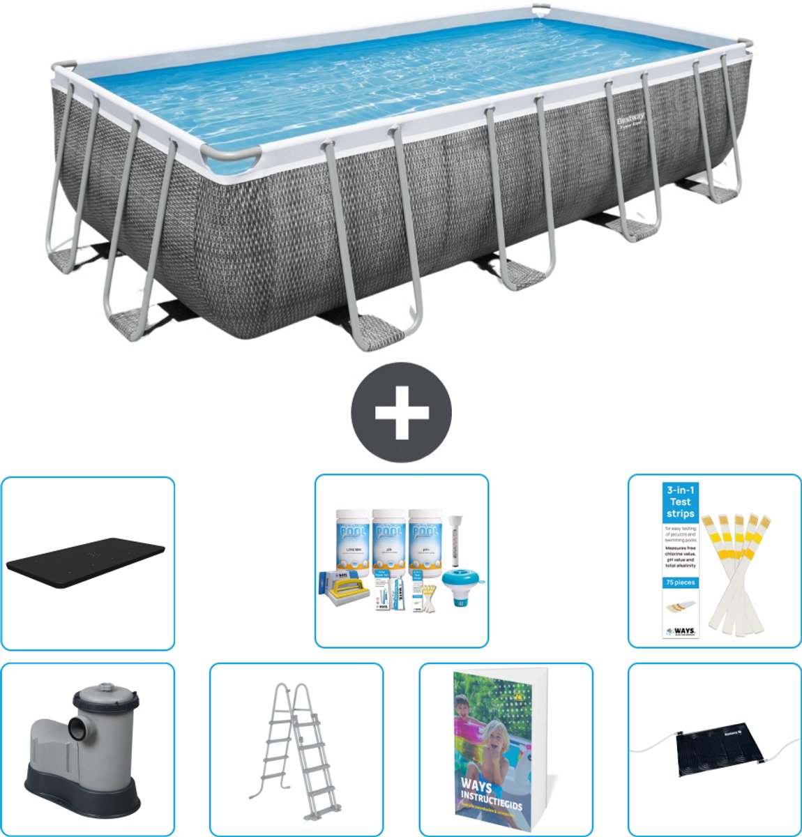 Bestway Rechthoekig Power Steel Zwembad - Rattanprint - 549 x 274 x 122 - Inclusief Pomp - Ladder - Afdekzeil - Onderhoudspakket - Solar Mat - 8-delig