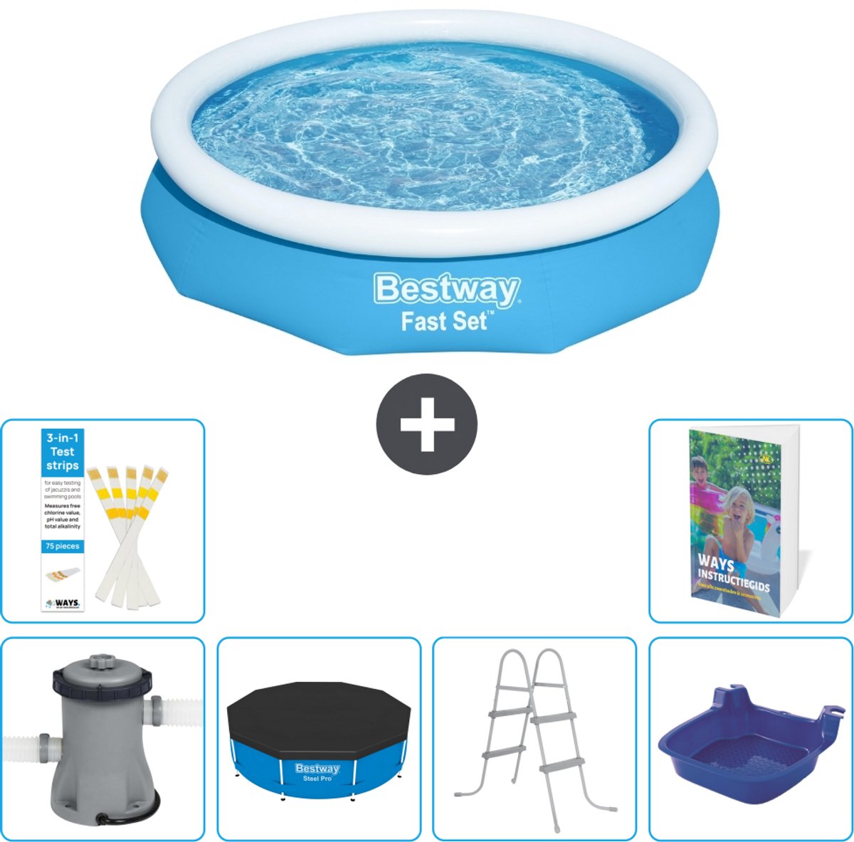 Bestway Rond Opblaasbaar Fast Set Zwembad - 305 x 66 cm - Blauw - Inclusief Pomp - Afdekzeil - Ladder - Voetenbad - 7-delig