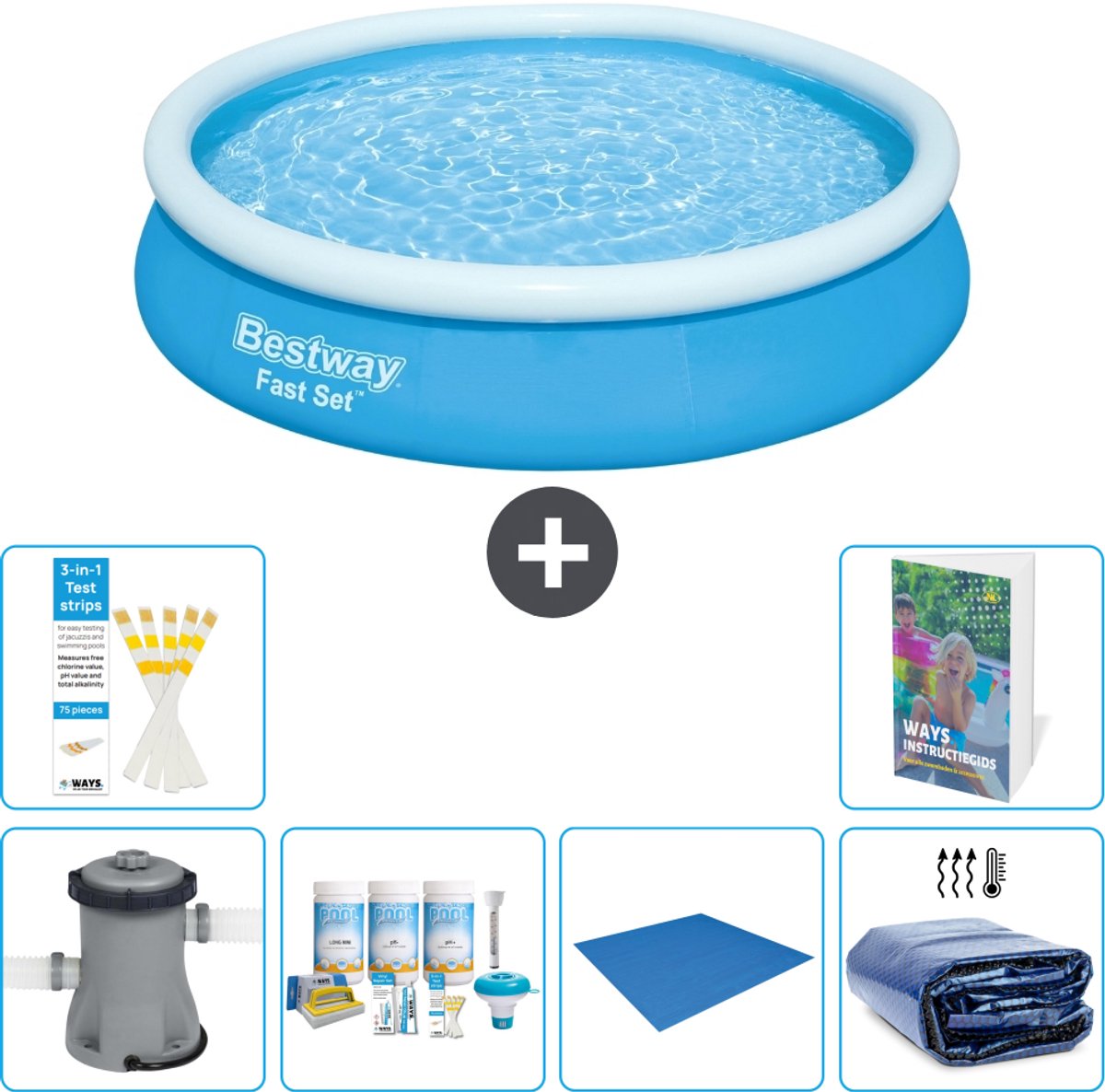 Bestway Rond Opblaasbaar Fast Set Zwembad - 366 x 76 cm - Blauw - Inclusief Pomp - Onderhoudspakket - Grondzeil - Solarzeil - 7-delig
