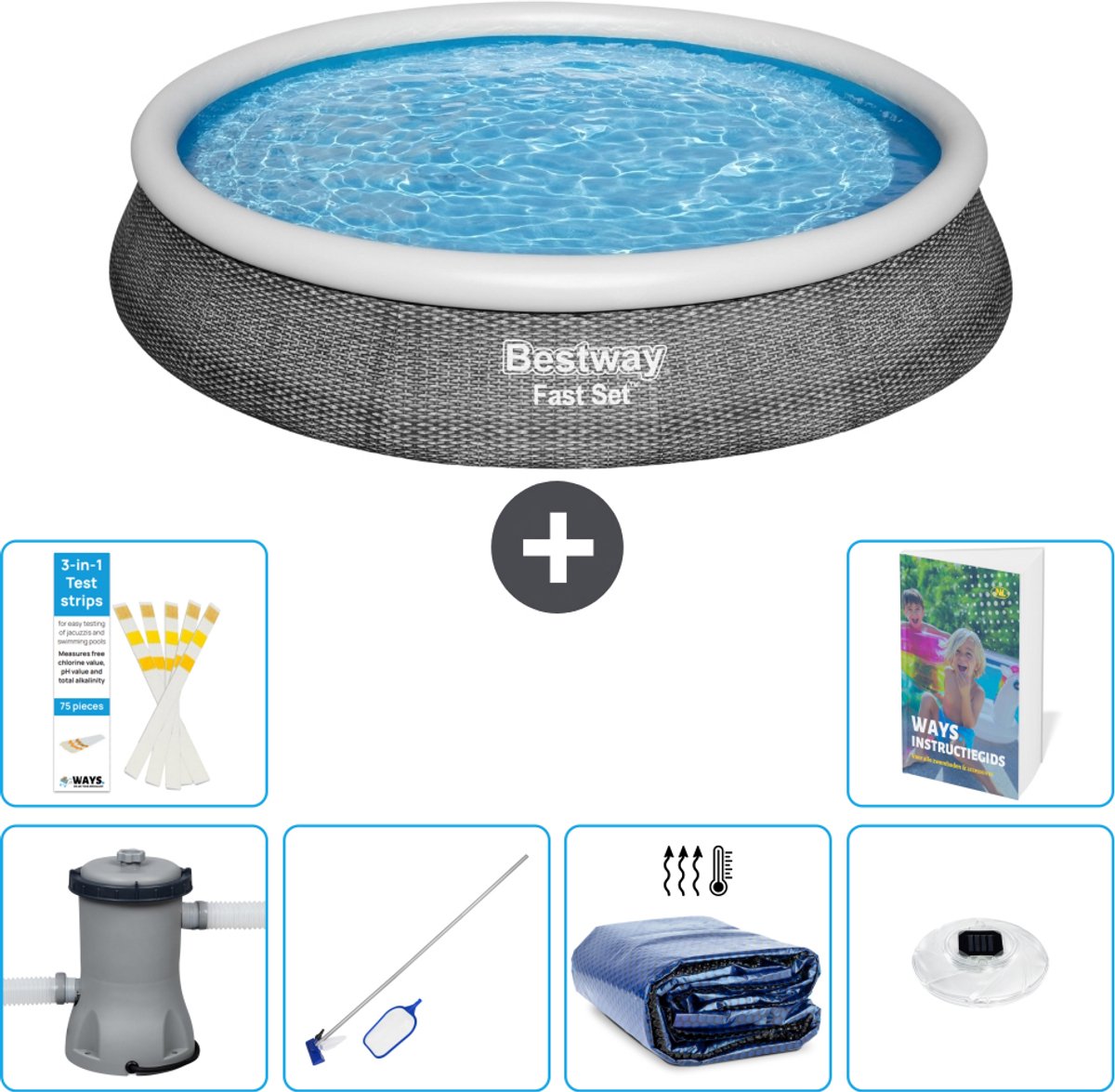 Bestway Rond Opblaasbaar Fast Set Zwembad - Rotanprint - 396 x 84 cm - Inclusief Pomp - Schoonmaakset - Solarzeil - Verlichting - 7-delig