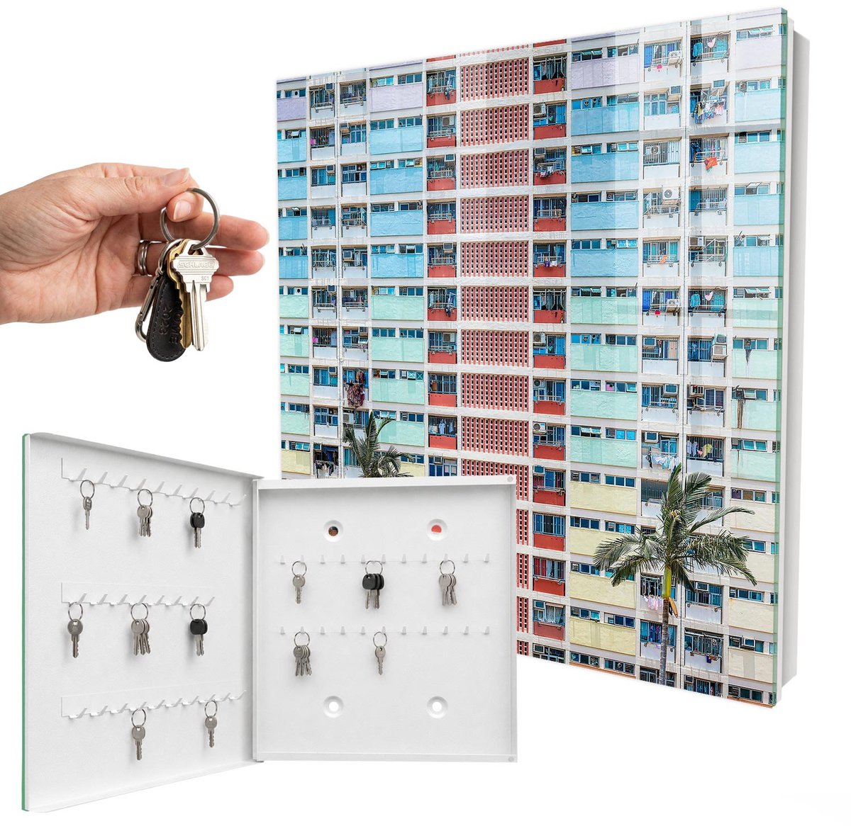 WallMuralia - Sleutelkast - 30x30x5 cm - met 50 haken - Kleurrijke Architectuur Leuk Sleutelkastje - Rood Sleutelbox - Linksopenend - Wit interieur
