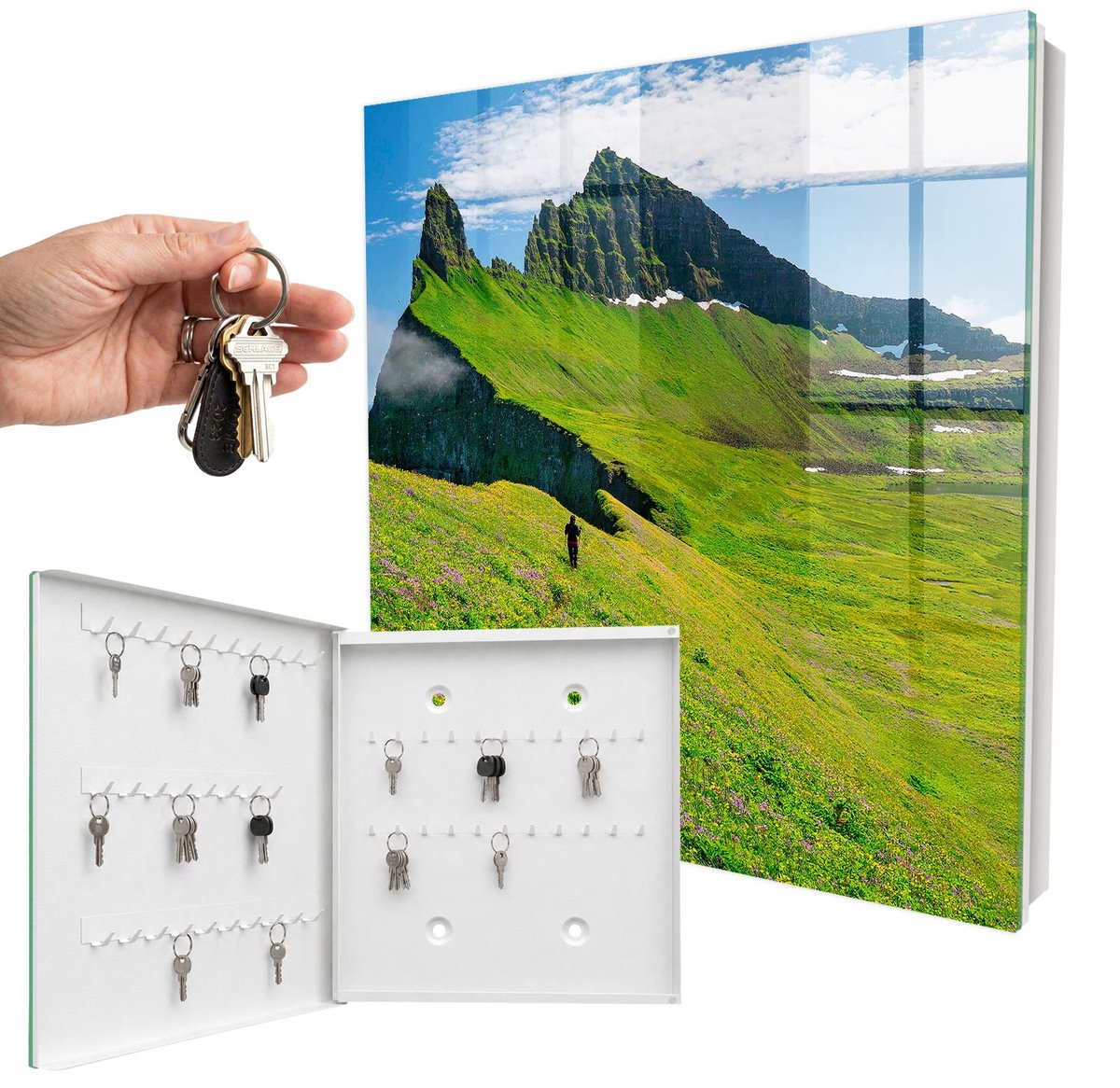 WallMuralia - Sleutelkast - 30x30x5 cm - met 50 haken - Groene Bergen Leuk Sleutelkastje - Groente Sleutelbox - Linksopenend - Wit interieur