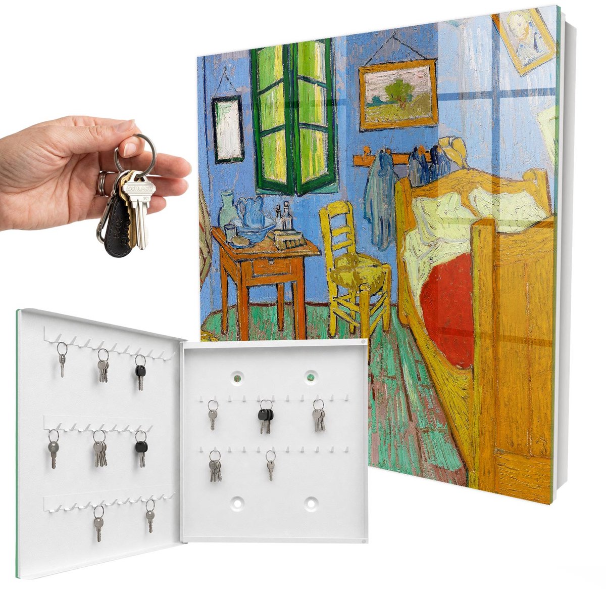 WallMuralia - Sleutelkast - 30x30x5 cm - met 50 haken - Gezellige Kamer Sleutelkastje Modern - Blauw Sleutelbox - Linksopenend - Wit interieur