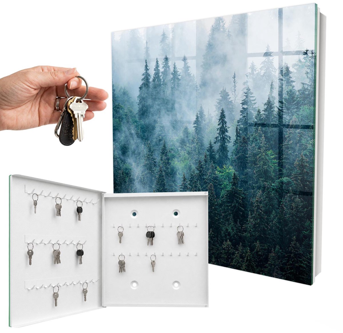 WallMuralia - Sleutelkast - 30x30x5 cm - met 50 haken - Groen Bos Sleutelkastje - Groente Sleutelbox - Linksopenend - Wit interieur