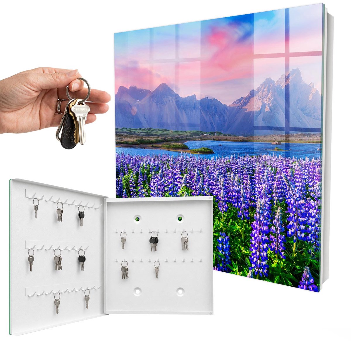 WallMuralia - Sleutelkast - 30x30x5 cm - met 50 haken - Berglandschap Sleutelkastje Binnen - Paars Sleutelbox - Linksopenend - Wit interieur