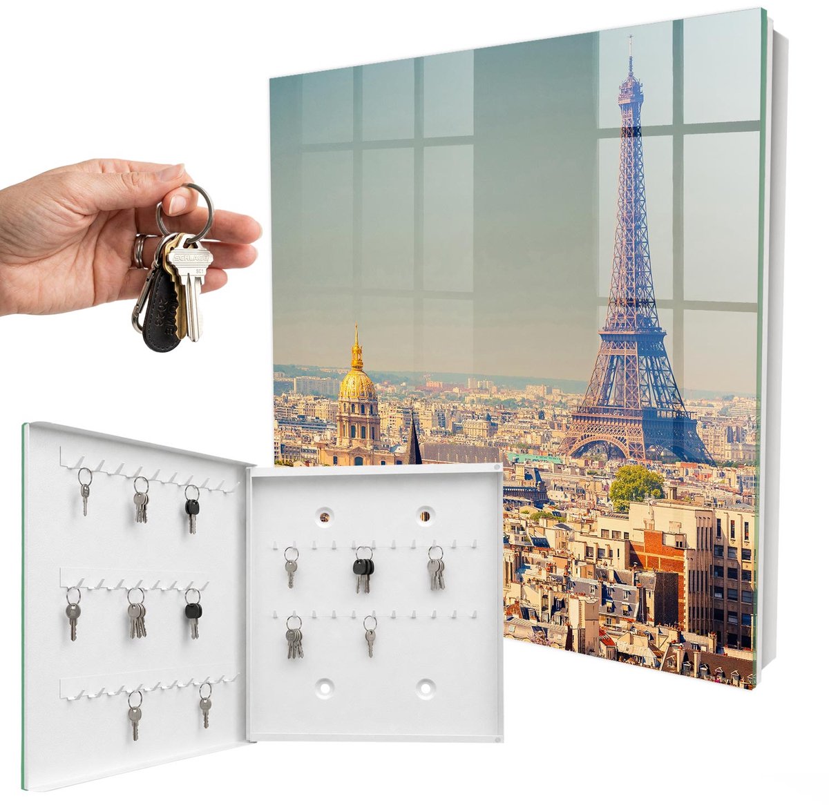 WallMuralia - Sleutelkast - 30x30x5 cm - met 50 haken - Stedelijk Landschap Sleutelkastje Design - Beige Sleutelbox - Linksopenend - Wit interieur