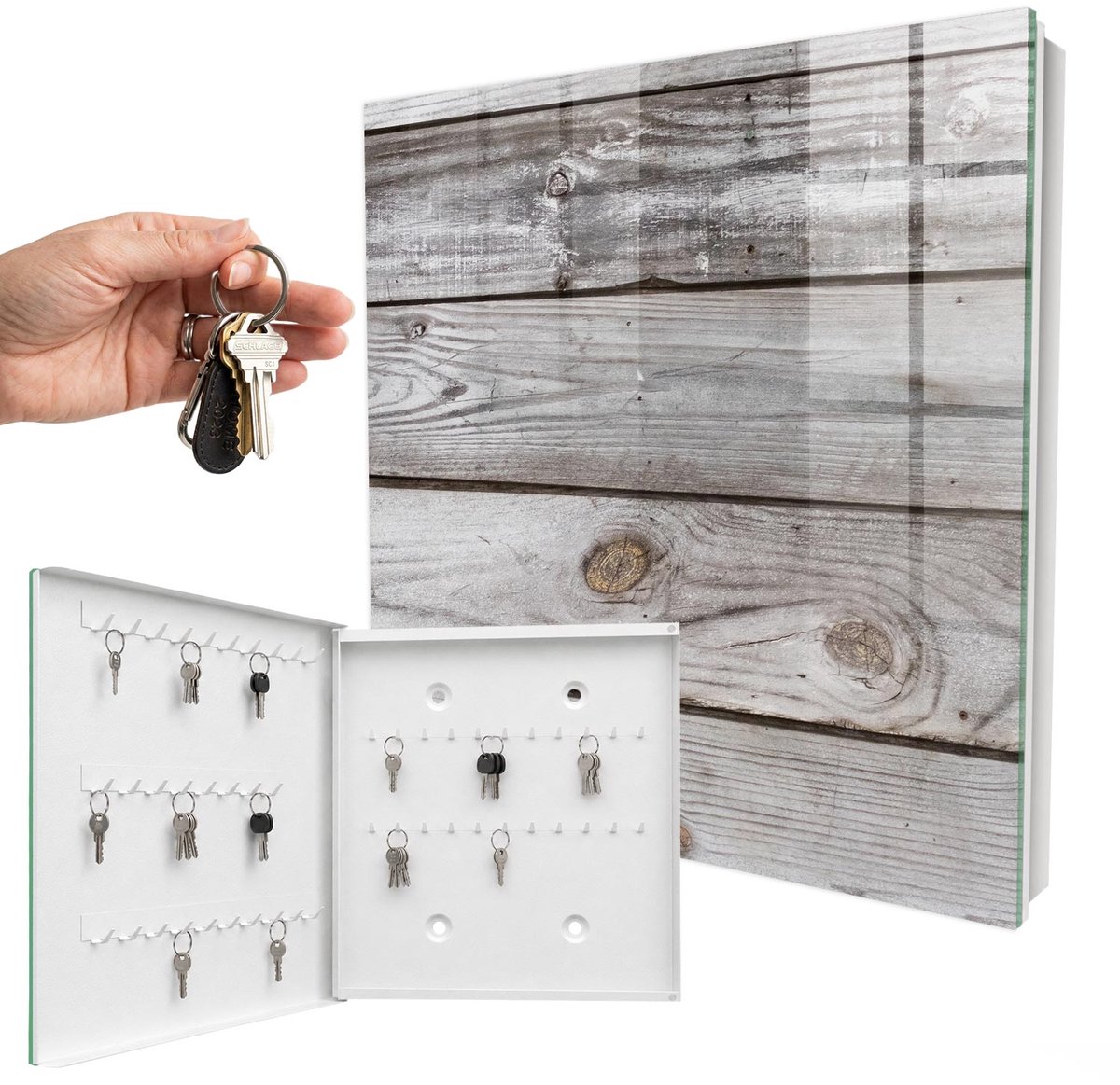 WallMuralia - Sleutelkast - 30x30x5 cm - met 50 haken - Houtstructuur Sleutelkastje Hal - Grijs Sleutelbox - Linksopenend - Wit interieur