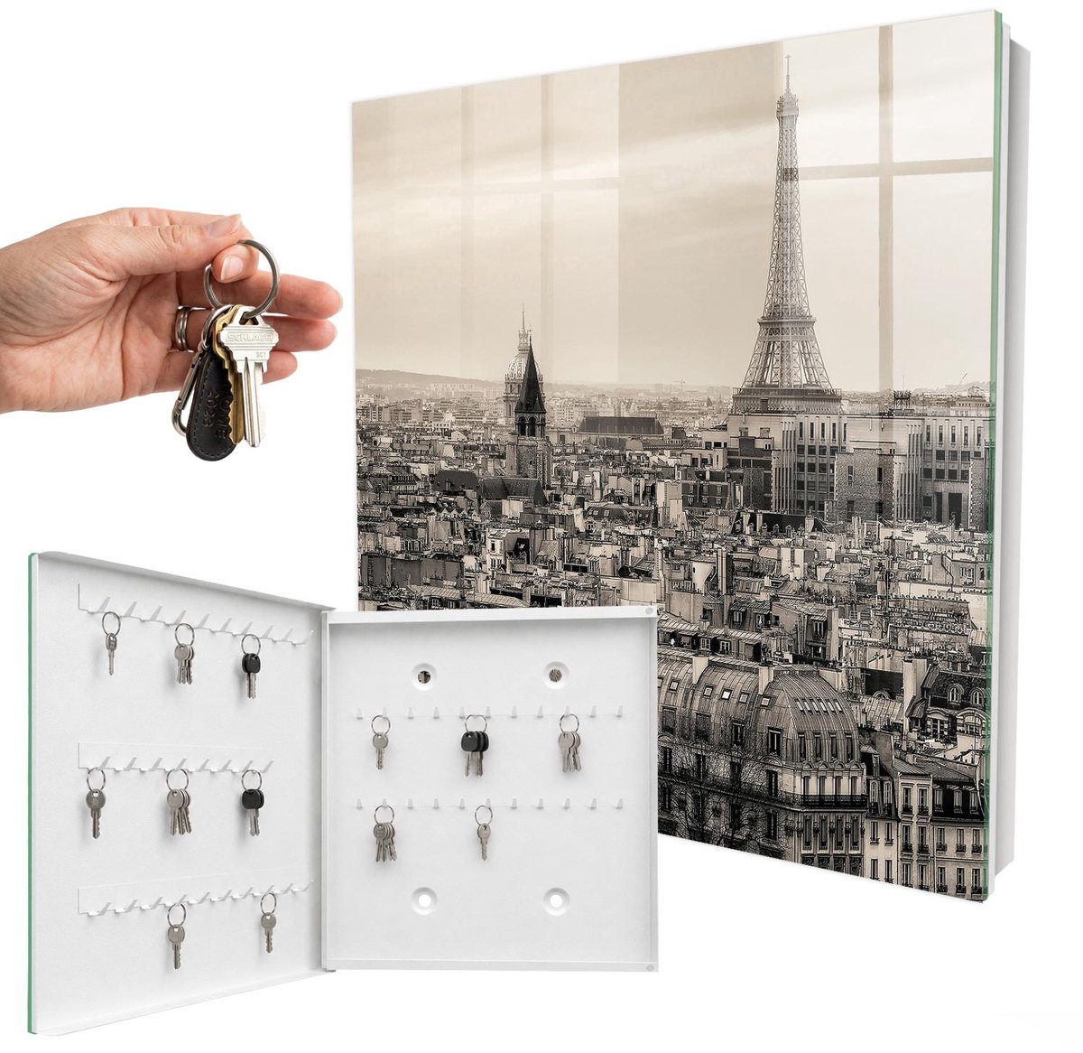 WallMuralia - Sleutelkast - 30x30x5 cm - met 50 haken - Stedelijke Elegantie Sleutelkastje Muur - Grijs Sleutelbox - Linksopenend - Wit interieur