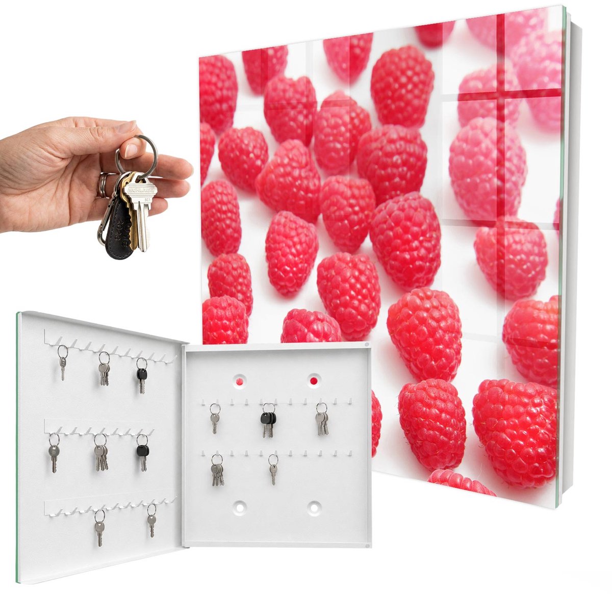 WallMuralia - Sleutelkast - 30x30x5 cm - met 50 haken - Roze Frambozen Sleutelkastje Binnen - Roze Sleutelbox - Linksopenend - Wit interieur