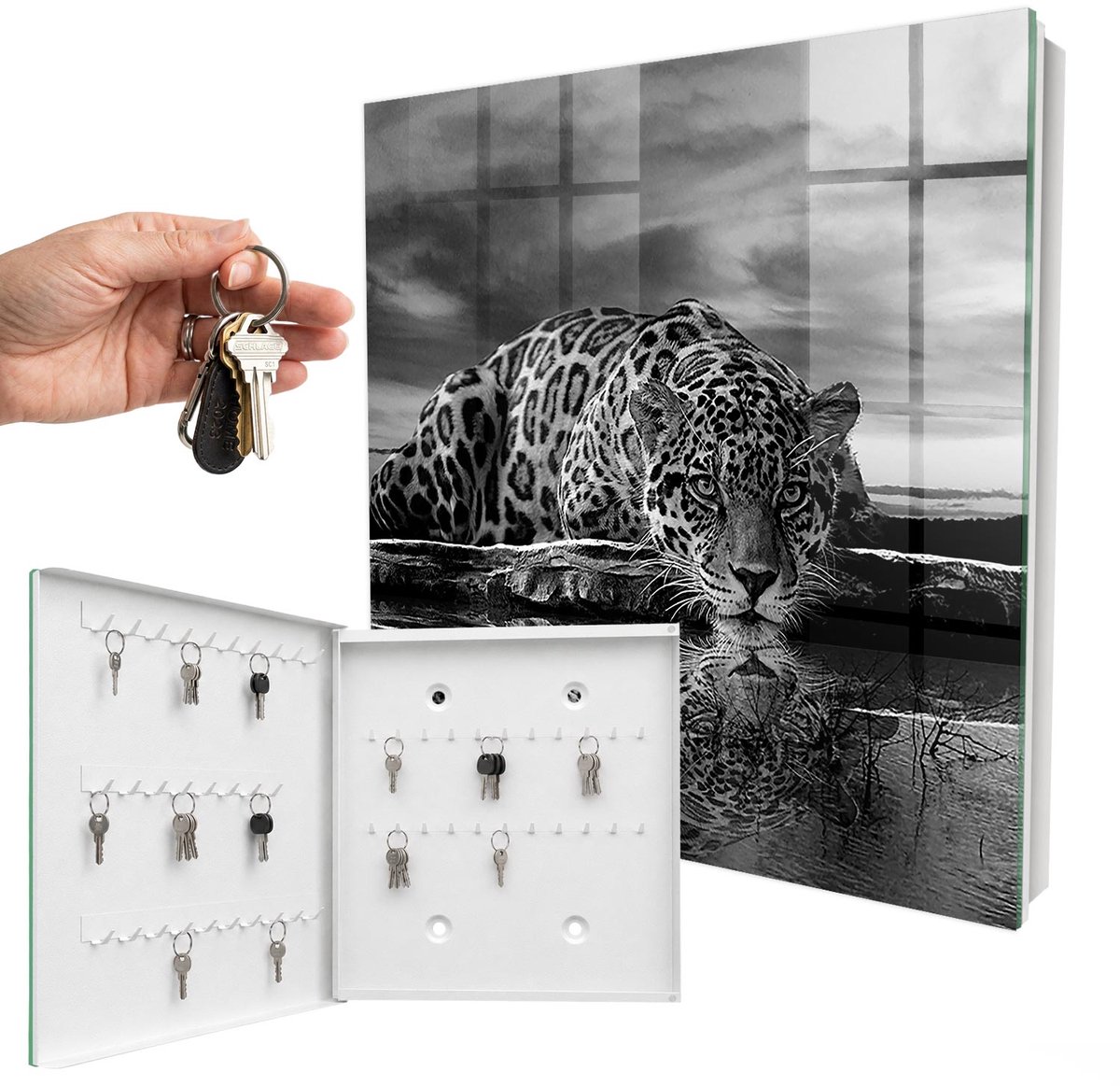 WallMuralia - Sleutelkast - 30x30x5 cm - met 50 haken - Jaguars In Het Water Sleutelkastje Huis - Zwart-Wit Sleutelbox - Linksopenend - Wit interieur