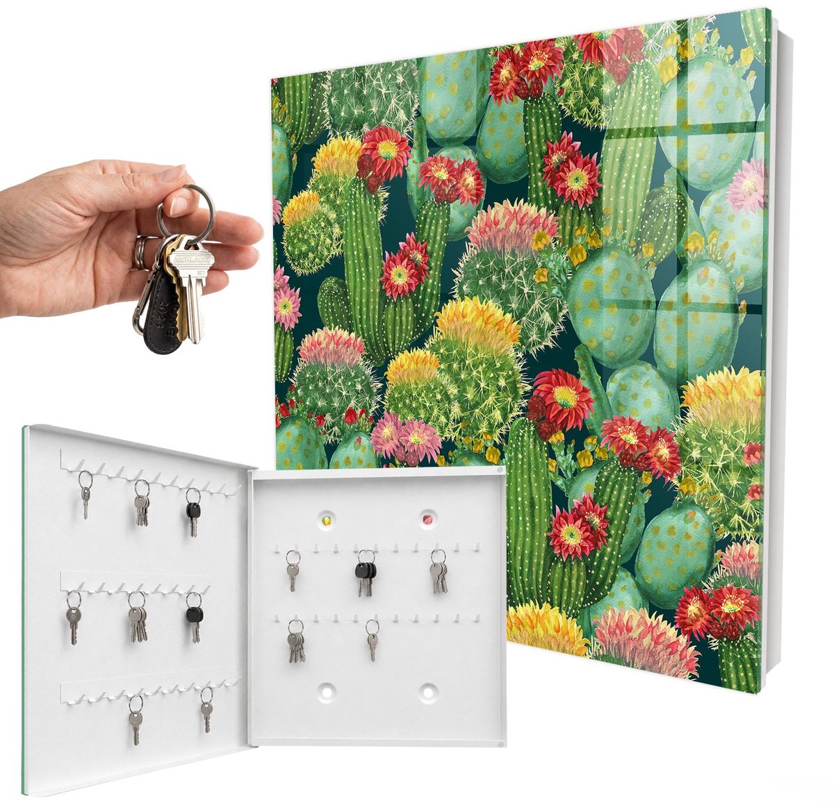 WallMuralia - Sleutelkast - 30x30x5 cm - met 50 haken - Kleurrijke Tuin Sleutelkastje Binnen - Groente Sleutelbox - Linksopenend - Wit interieur