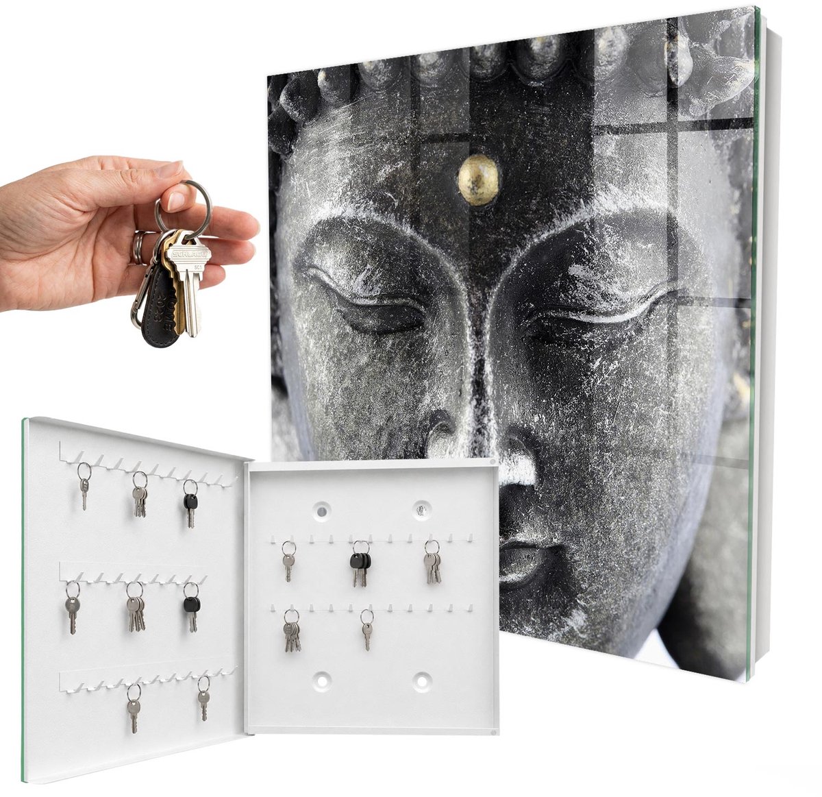 WallMuralia - Sleutelkast - 30x30x5 cm - met 50 haken - Zen-Portret Sleutelkastje Modern - Grijs Sleutelbox - Linksopenend - Wit interieur