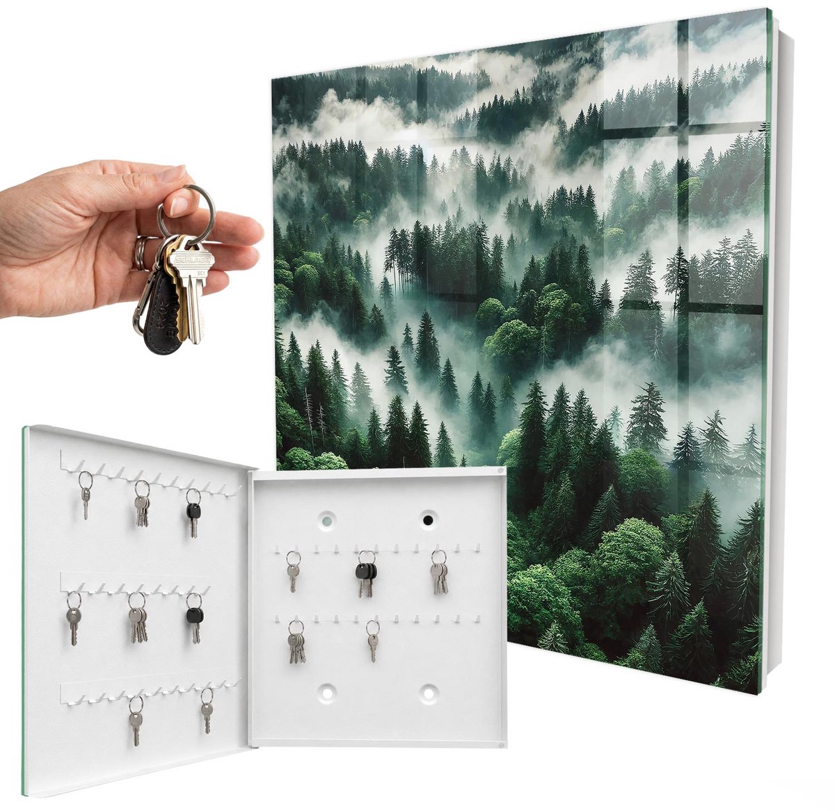 WallMuralia - Sleutelkast - 30x30x5 cm - met 50 haken - Nevelbos Sleutelkastje - Groente Sleutelbox - Linksopenend - Wit interieur