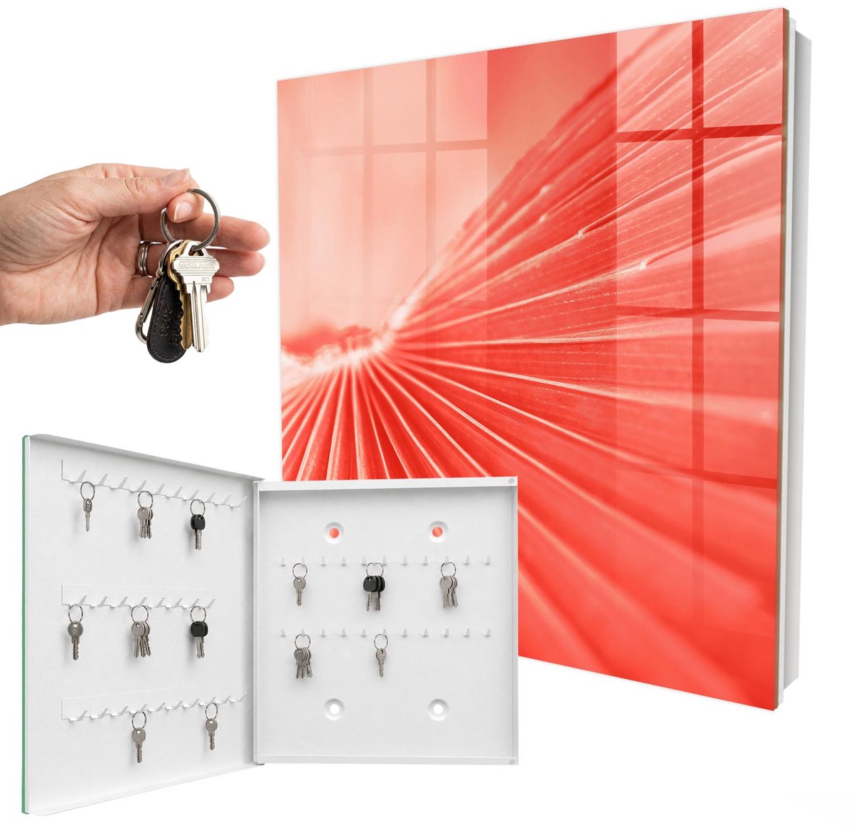 WallMuralia - Sleutelkast - 30x30x5 cm - met 50 haken - De Energie Van Kleur Groot Sleutelkastje - Rood Sleutelbox - Linksopenend - Wit interieur