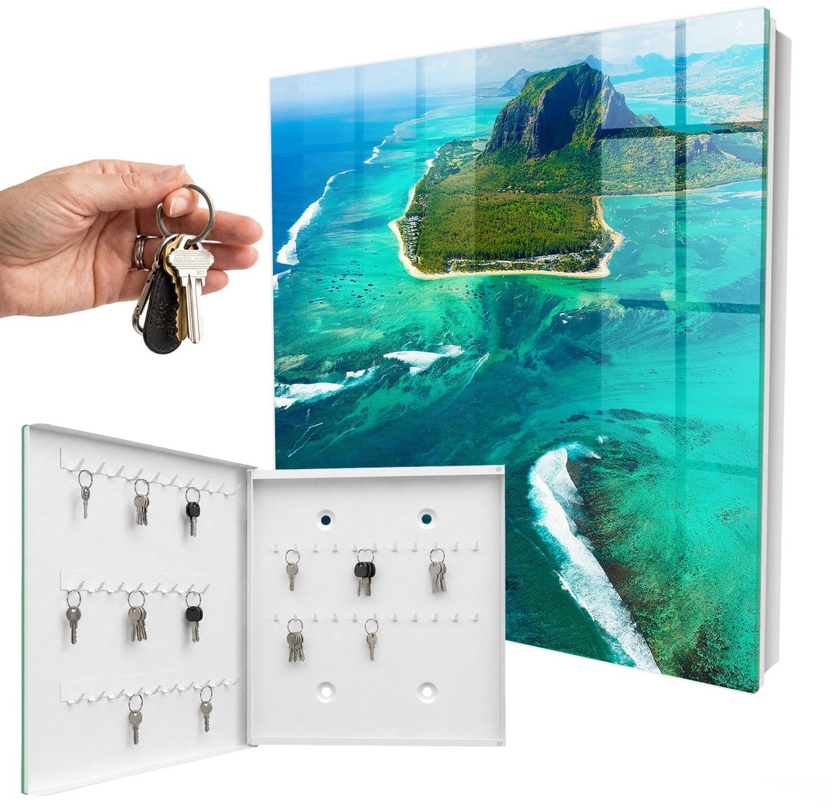WallMuralia - Sleutelkast - 30x30x5 cm - met 50 haken - Tropisch Paradijs Sleutelkastje Modern - Turkoois Sleutelbox - Linksopenend - Wit interieur