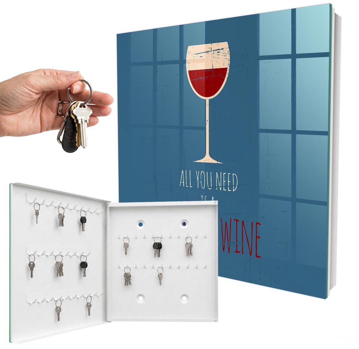 WallMuralia - Sleutelkast - 30x30x5 cm - met 50 haken - Een Glas Wijn Sleutelkastje Landelijk - Blauw Sleutelbox - Linksopenend - Wit interieur