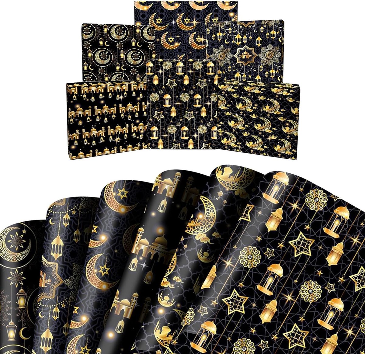 6 Vellen Ramadan & Eid Cadeaupapier Met Moskee, Maan en Ster Thema