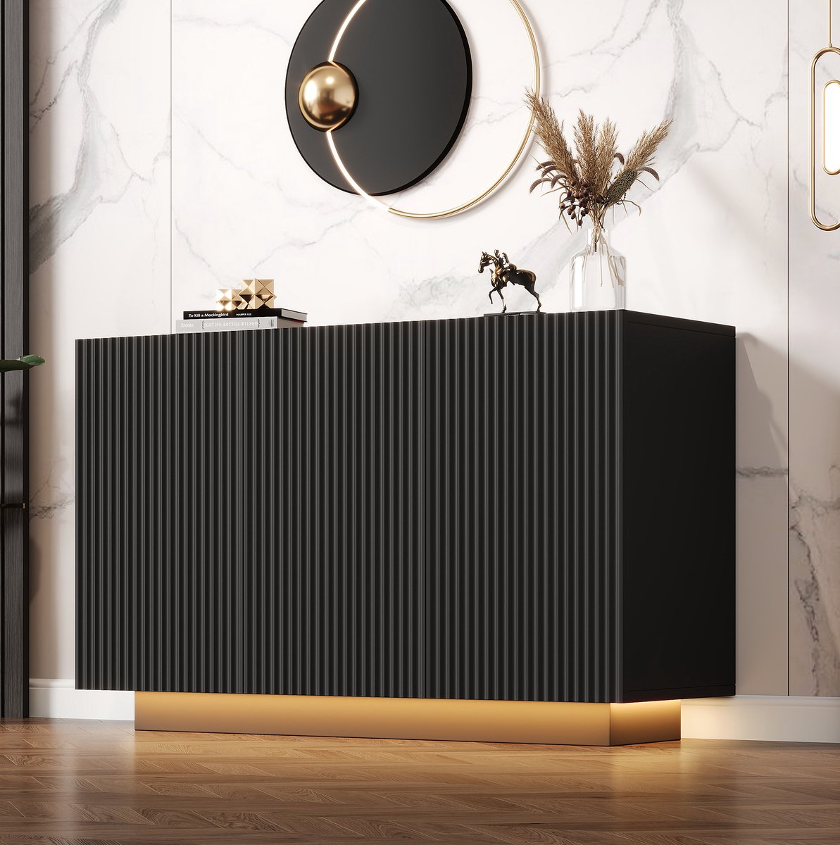 MIVRAY Dressoir - LED Verlichting Met Bluetooth Bediening En Marmerlook - Moderne Opbergkast Voor Woonkamer - MDF - Zwart - 120 Cm