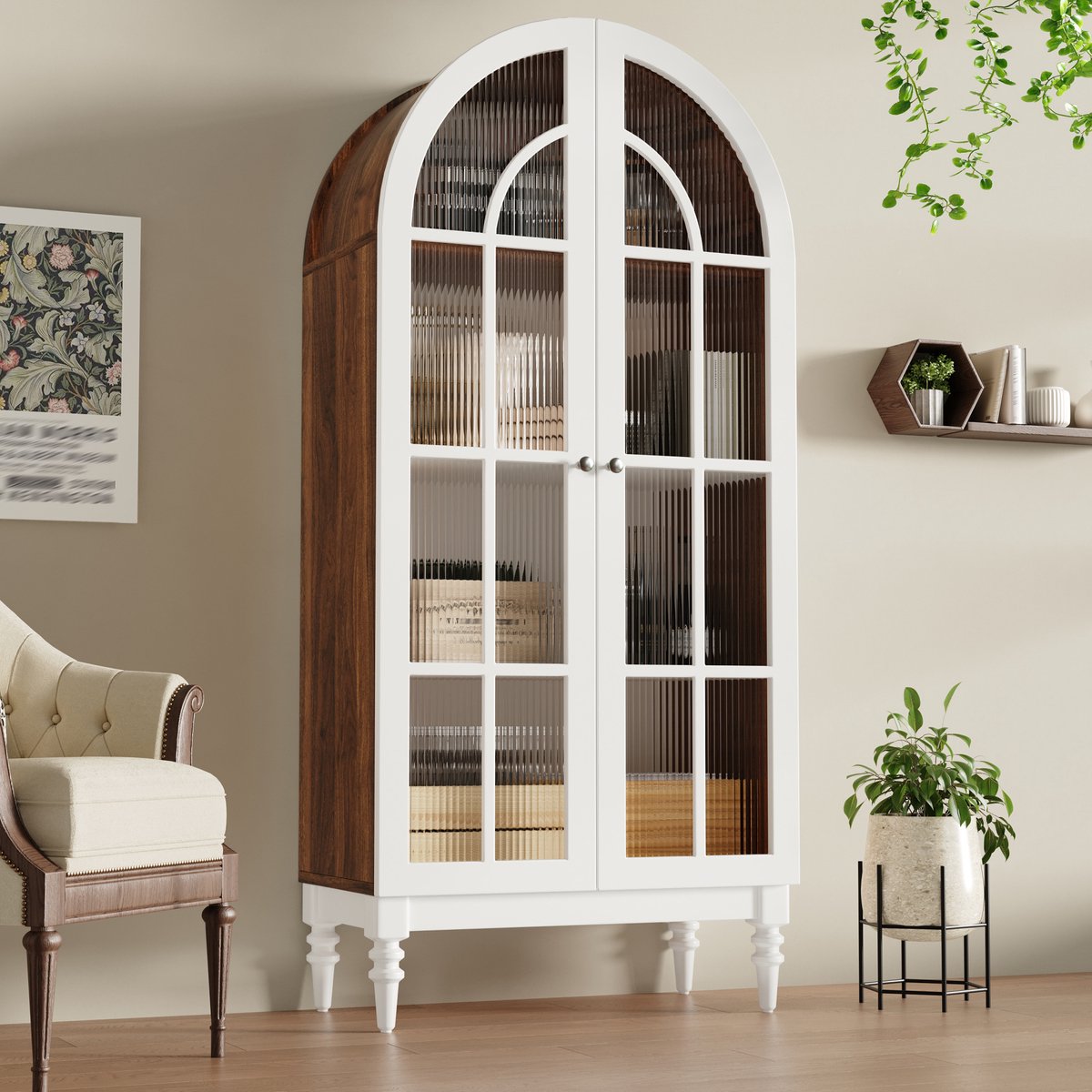 MIVRAY Vitrinekast - Boogvormige Riffelglas Dubbele Deuren - Voor Woonkamer En Hal - MDF En Metaal - Wit Walnoot - 76 X 38,5 X 165 Cm