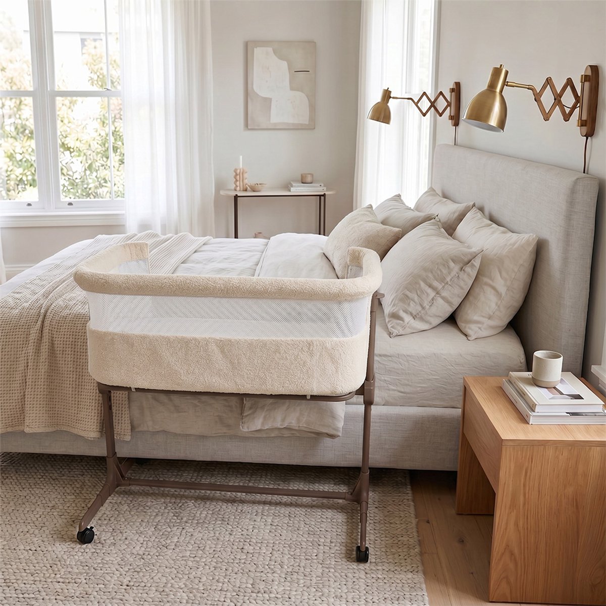 LUVION® Co Sleeper Teddy Ivory – Aanschuifbedje – Baby Wieg – Co-Sleeper – Teddy Stof – Inclusief Matras – Wit – foto 7