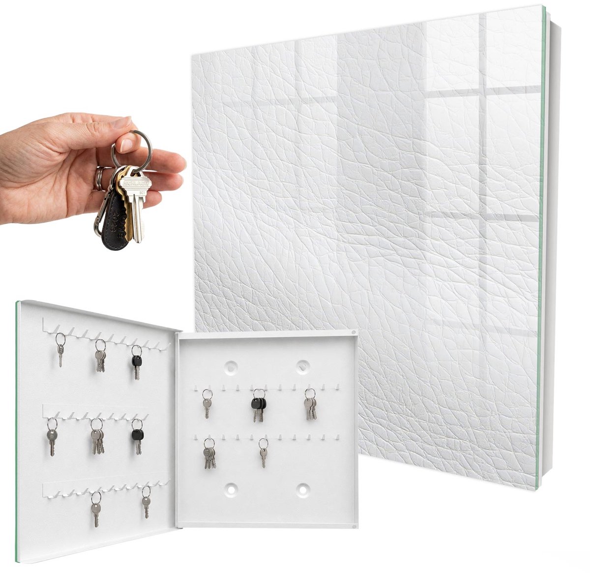 WallMuralia - Sleutelkast - 30x30x5 cm - met 50 haken - Lichte Huidtextuur Sleutelkastje - Wit Sleutelbox - Linksopenend - Wit interieur