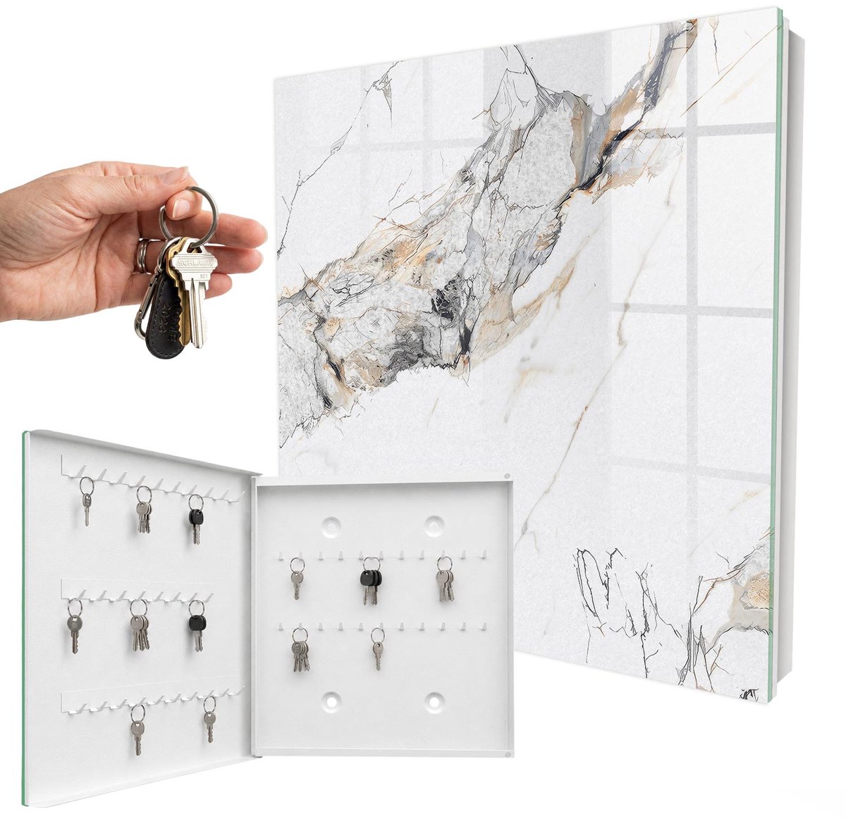 WallMuralia - Sleutelkast - 30x30x5 cm - met 50 haken - Marmeren Elegantie Sleutelkastje Muur - Wit Sleutelbox - Linksopenend - Wit interieur