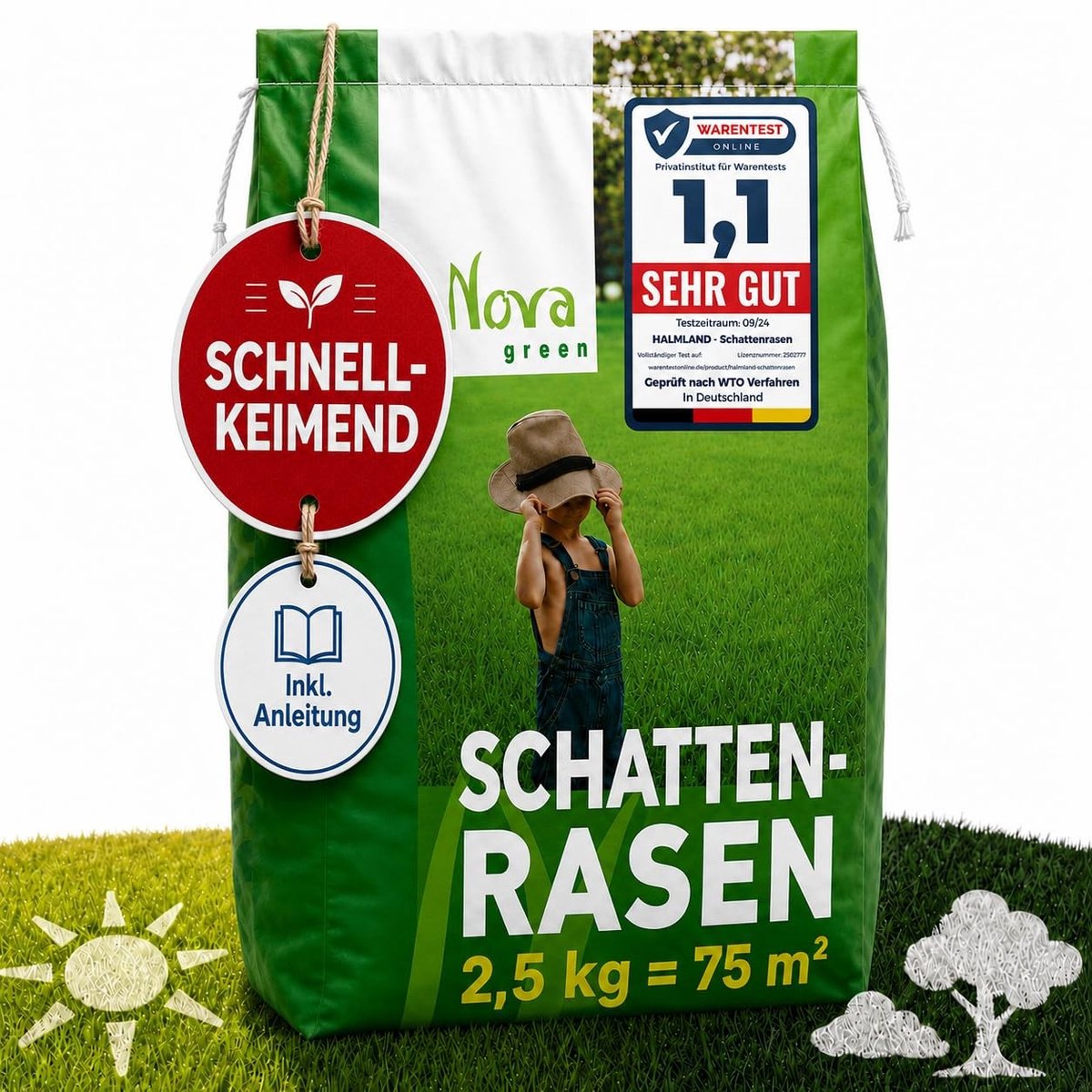 Omgoods- Graszaad Snelkiemend - Herstelgazon - Schaduwgras - Droogbestendig - Robuust - Ideaal voor gazonreparatie, 2,5 kg (70 m²) - Gazonzaad