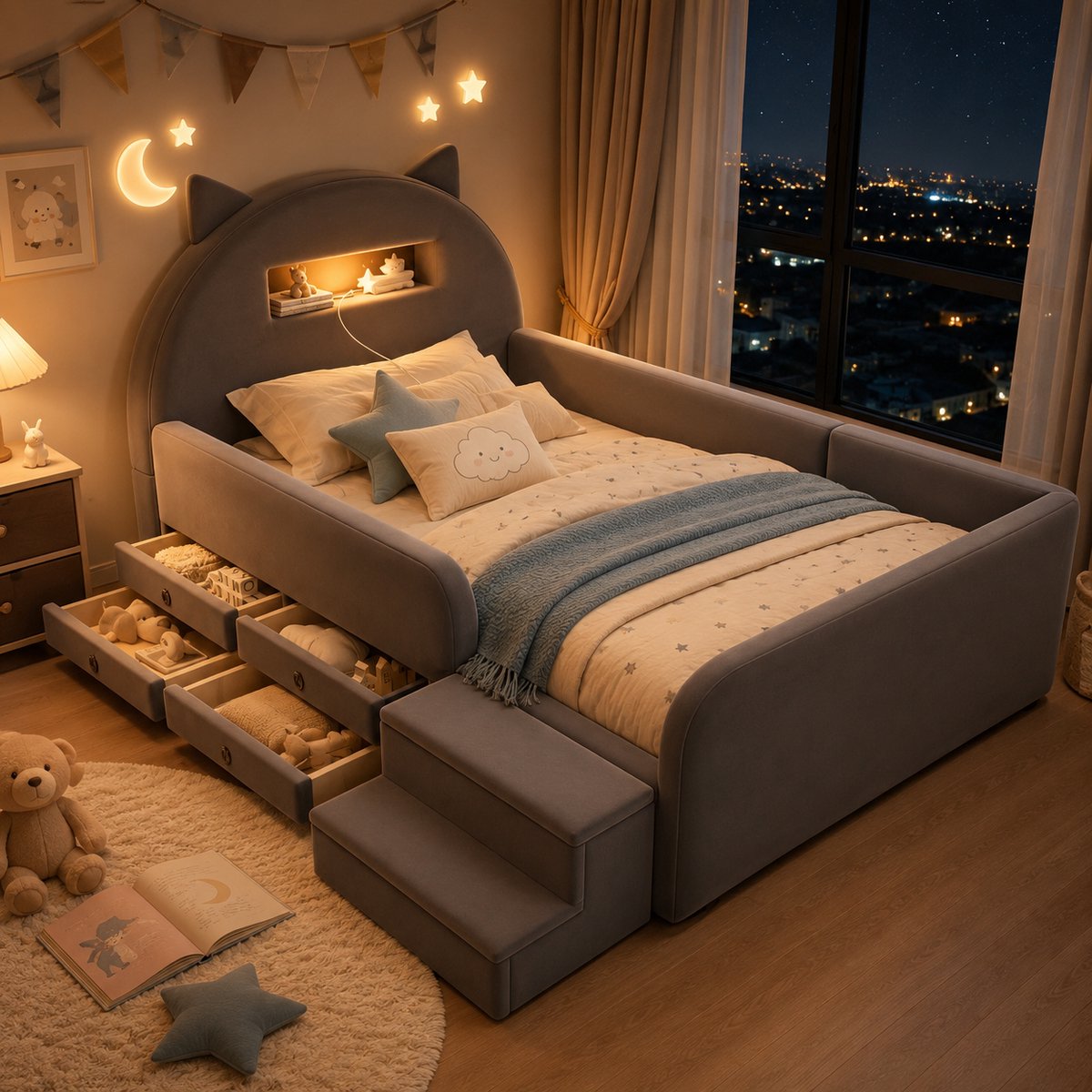 Kinderbed 90x200 cm - Eenpersoonsbed - Gestoffeerd bed - Vloerbed - Multifunctioneel bed - Met opbergvak - Met nachtlampje - Met hoofdbord - Met USB-oplaadpoort - Afneembare voetsteun - Veilig en comfortabel - Donkergrijs