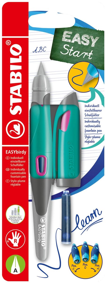 Omgoods - Ergonomische Vulpen voor Rechtshandigen met Beginnerspunt A - Turquoise/Neon Pink