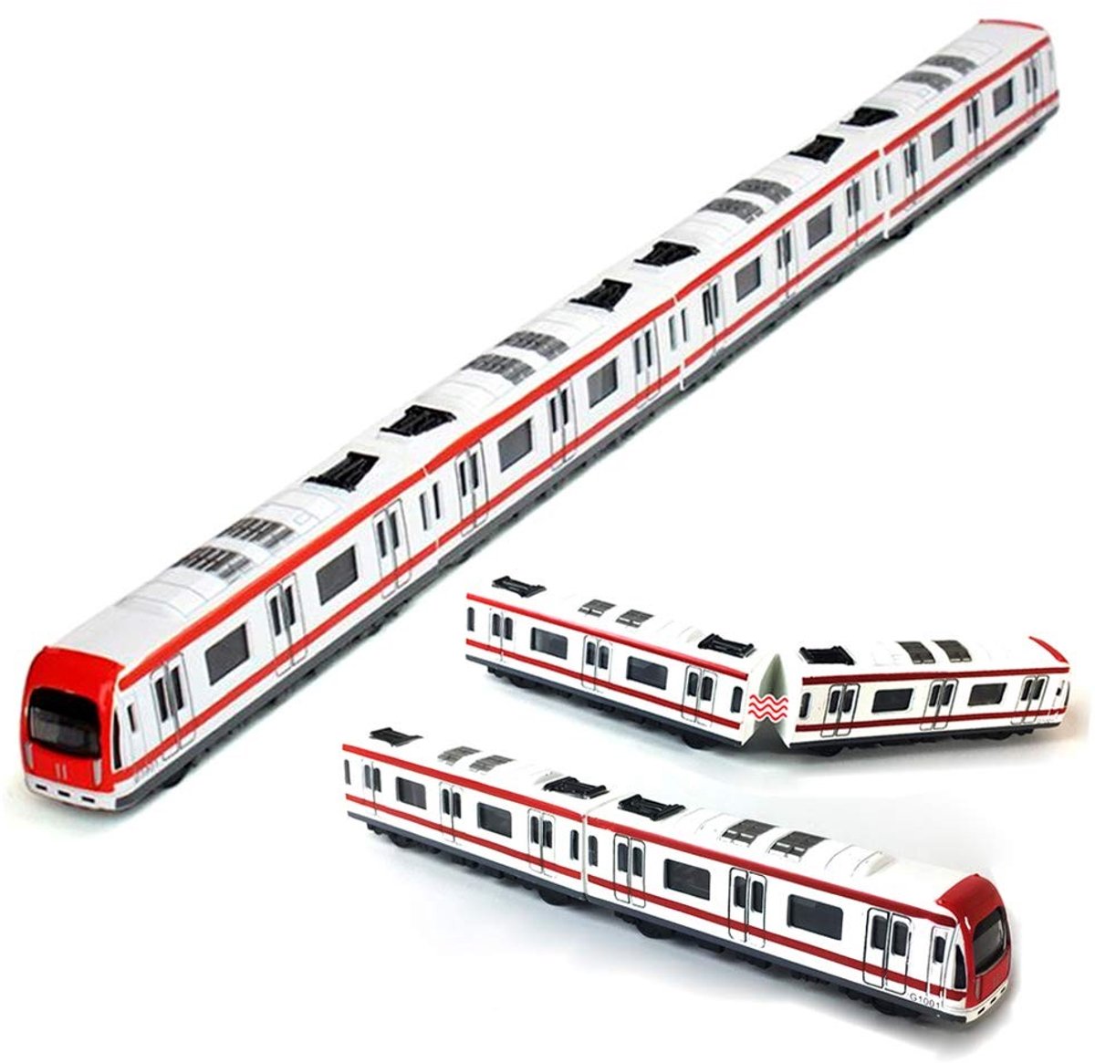 Omgoods - 4-delige Metro Treinmodel Set - 1/64 Schaal, Rood/Wit, Alluminium