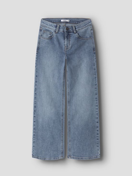 Lichtblauwe wijde jeans met vijf zakken en ritssluiting.