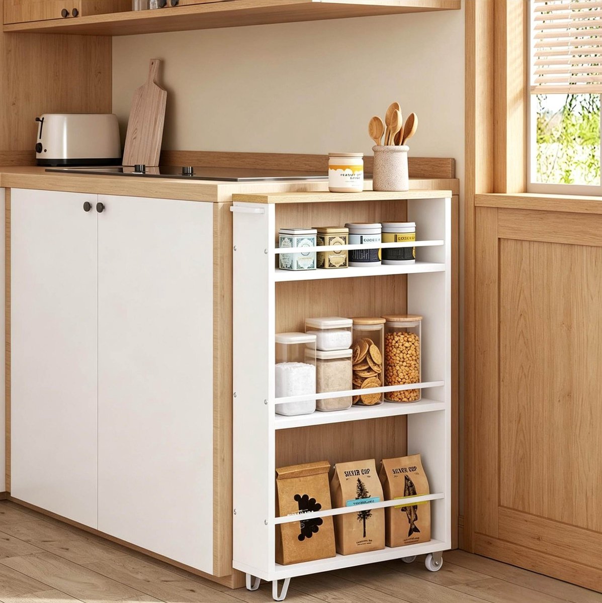 COVREO Keukenwagen 47 x 80 x 13 cm wit, hout en metaal met 4 wielen