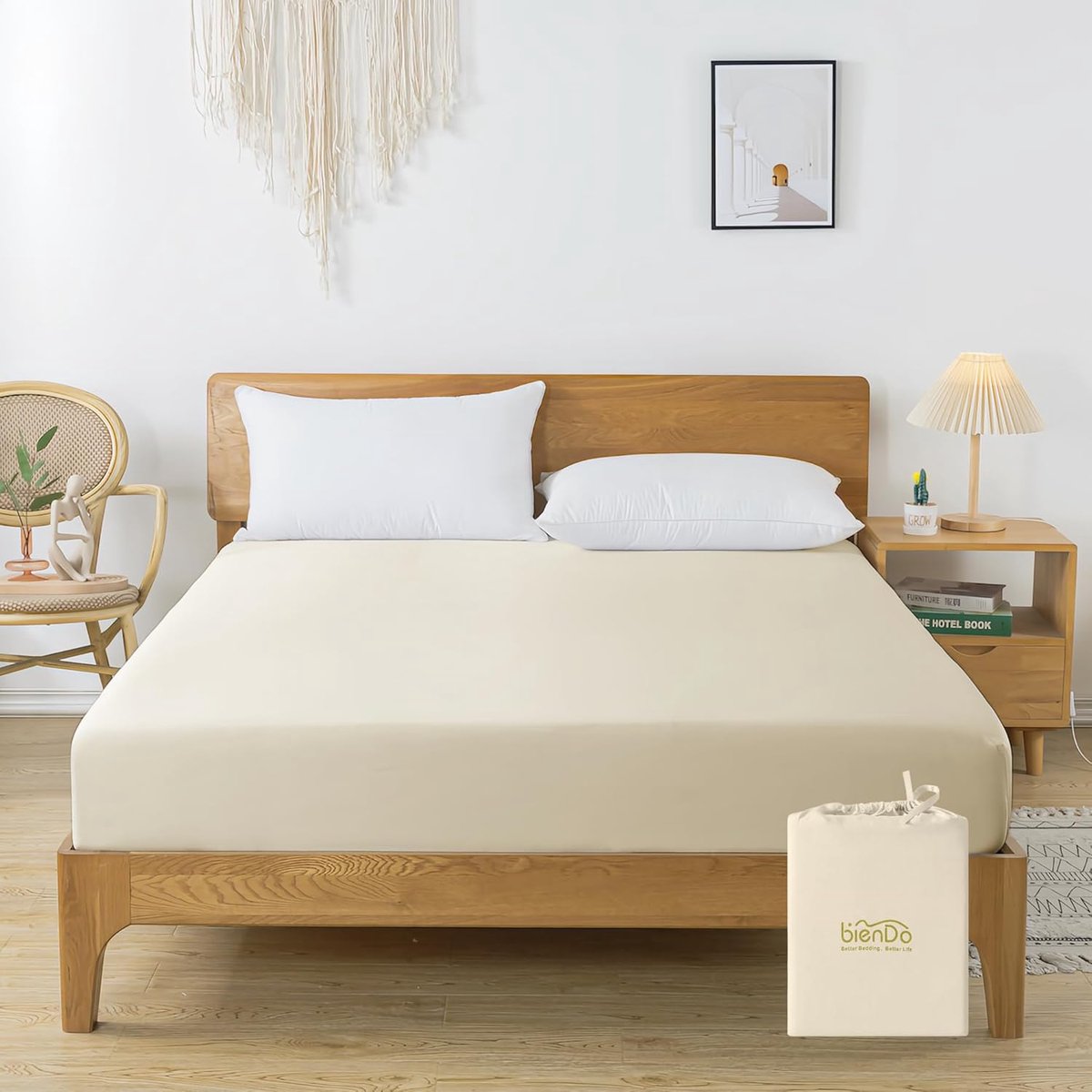 SnelShoppen - Hoeslaken 100x200 CM, 100% Bamboe Viscose, Vegan Zijde, 35CM Extra Diep, Beige, 400 Thread Count, Verkoelend, Ademend, Hypoallergeen, Za