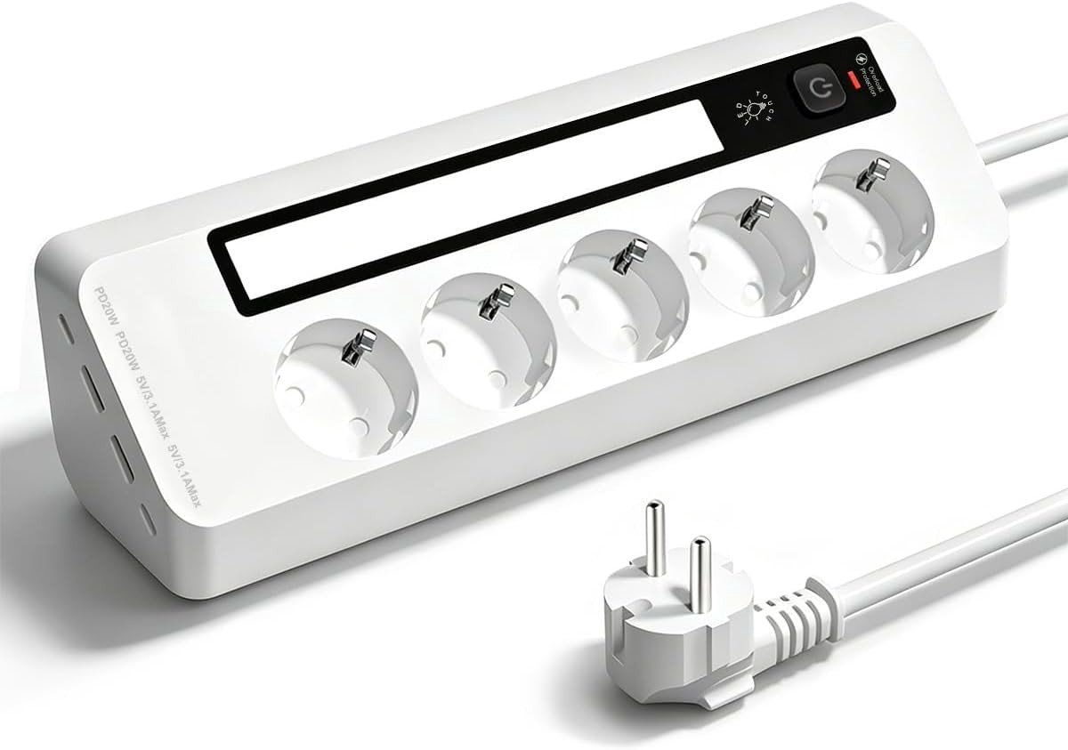 Hoekstopcontact met LED-licht en USB-C PD 20 W - Wit - 7,5 x 7,5 x 0,1 cm - Meervoudig Stopcontact met Kinderbeveiliging - Voor Keuken en Kantoor