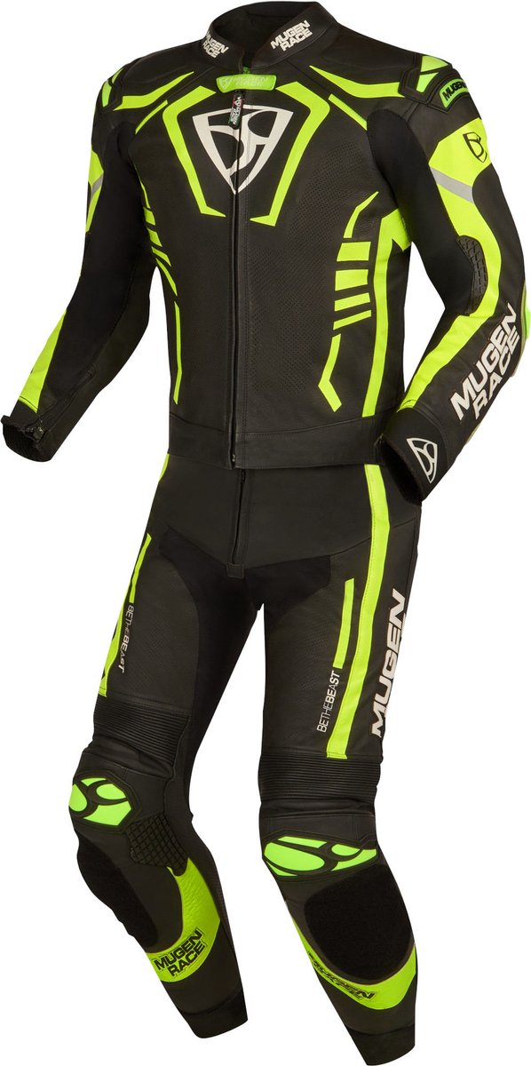 MUGENRACE Predator Zwart Wit Neon Geel Geperforeerd 2-Delig Motorpak - Racepak