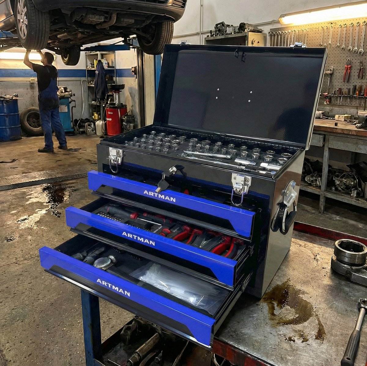 REDOM - Gereedschapskoffer met 3 laden - Stalen constructie met kogellagerladen - Metalen clipsluiting en draaggreep - Werkplaats en autoservice - Zwart en Blauw - 50 x 27 x 35 cm